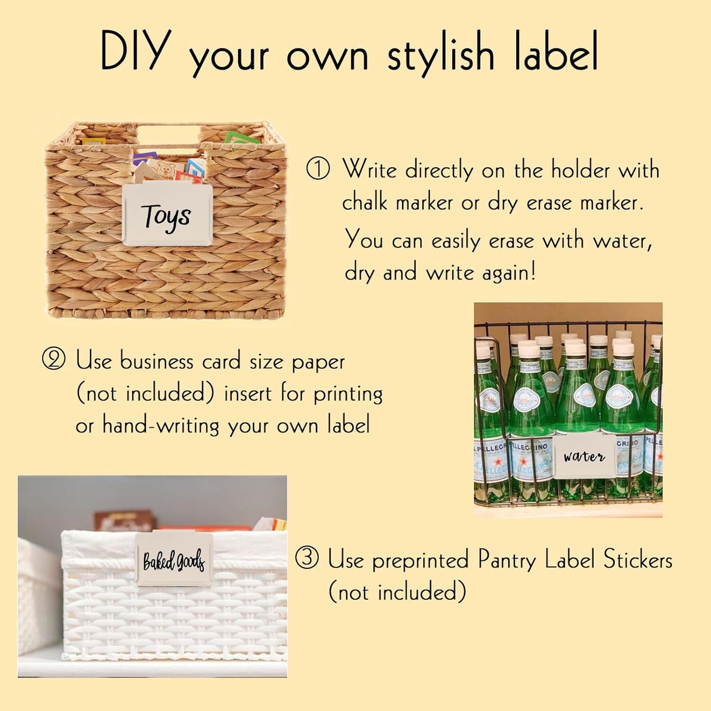 Basket Labels Clip on | Label Holders for Basket or Storage Bins Includes White Chalk Markers (18 Cream Holders + 4 Black Chalk Makers)