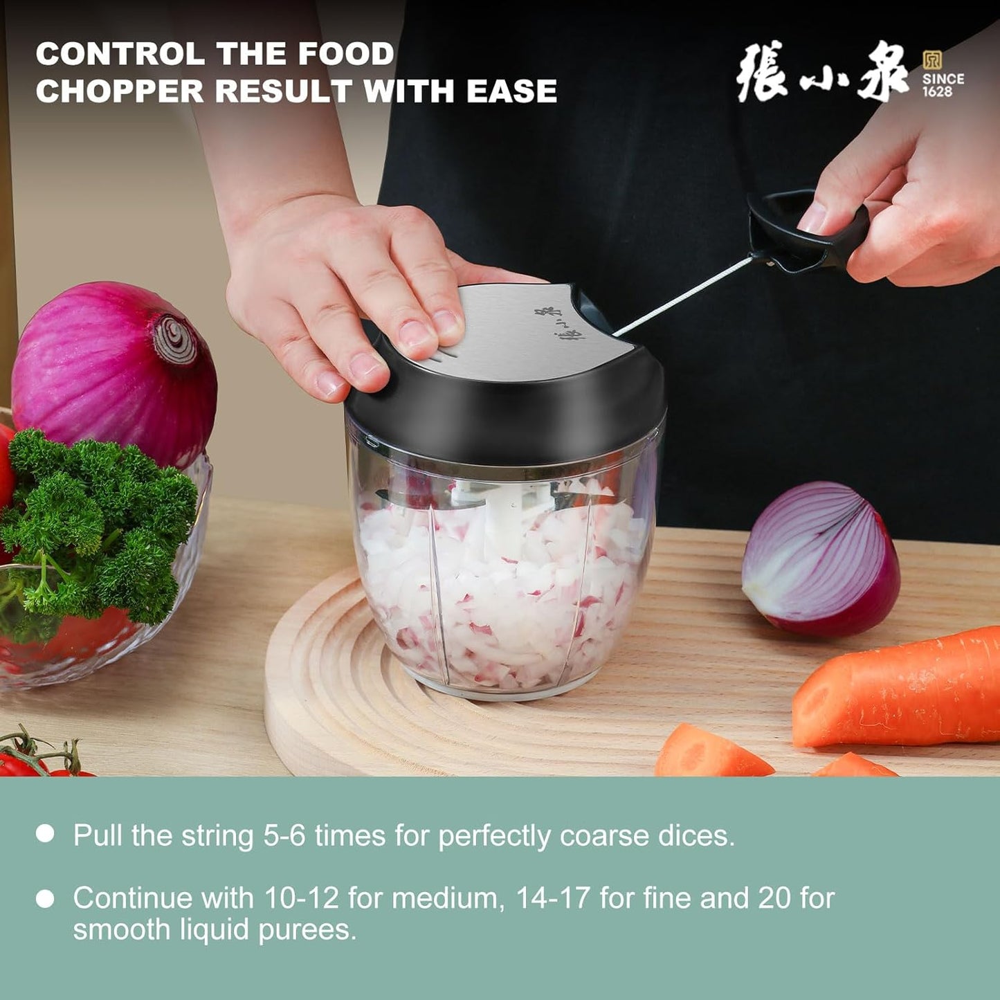 ZHANG XIAO QUAN SINCE 1628 Manual Vegetable Chopper, Hand Pull String Garlic Mincer Onion Cutter for Veggie, Peppers, Tomatoes, Ginger, Fruits, Nuts, 3.6 Cup(900ml) Food Chopper With Egg Whisk
