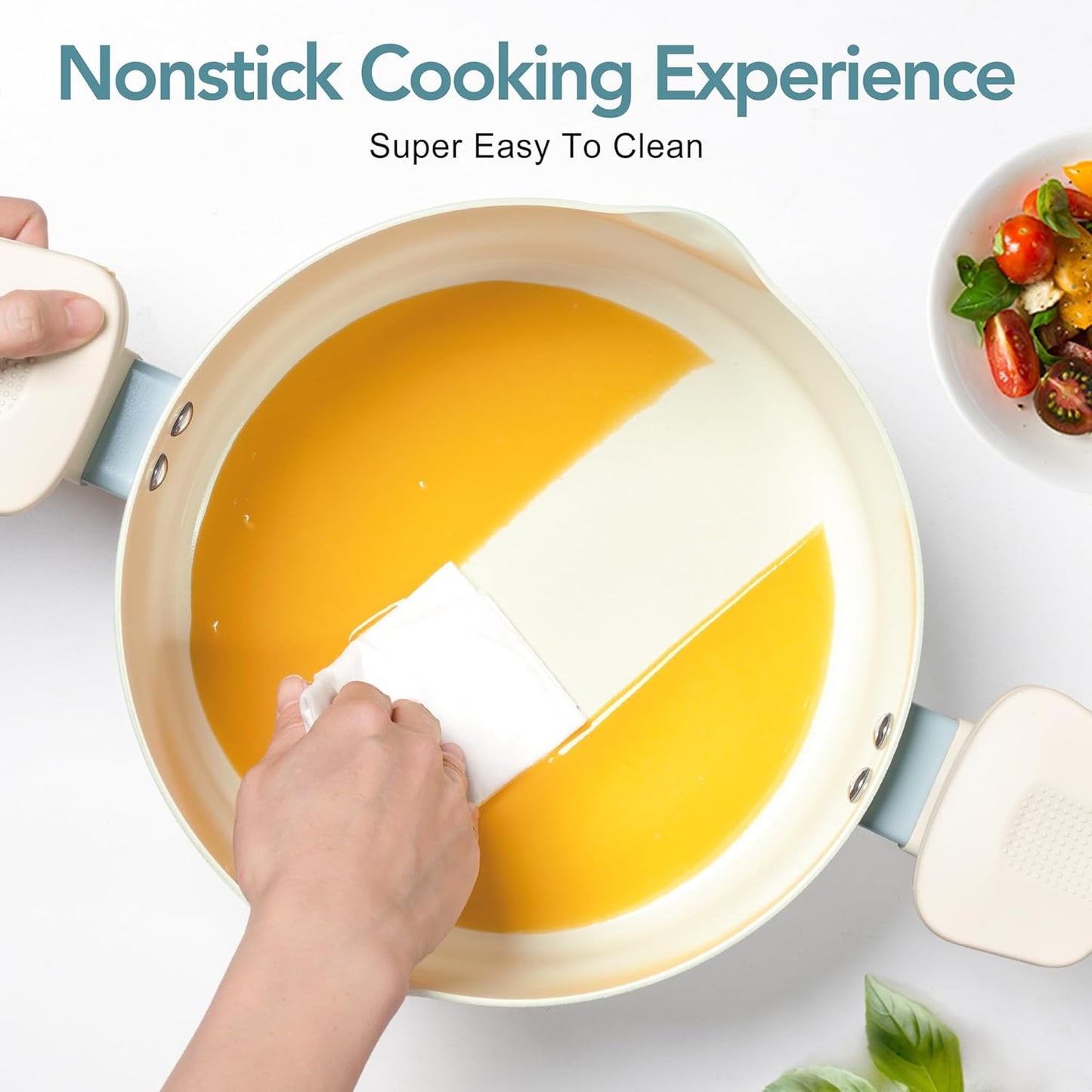 MICHELANGELO Pasta Pot with Strainer Lid - 6 Quart Cooking Pot with Lid, Non Stick Spaghetti Pot Ceramic Coated with Twist and Lock Handles for Easy Draining, Induction Compatible, Soft Aqua