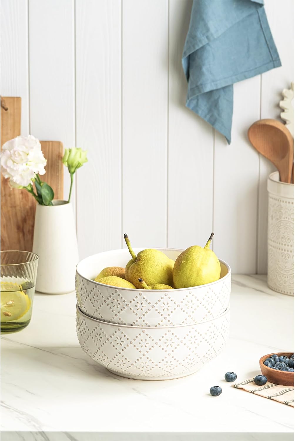 Large Serving Bowls, 8 inch 60 OZ Salad Bowls Set of 2, Ceramic Bowl Set for Salad,Ramen, Soup, Cereal and Entertaining, Farmhouse Decorative, Dishwasher & Microwave Safe, Off-White