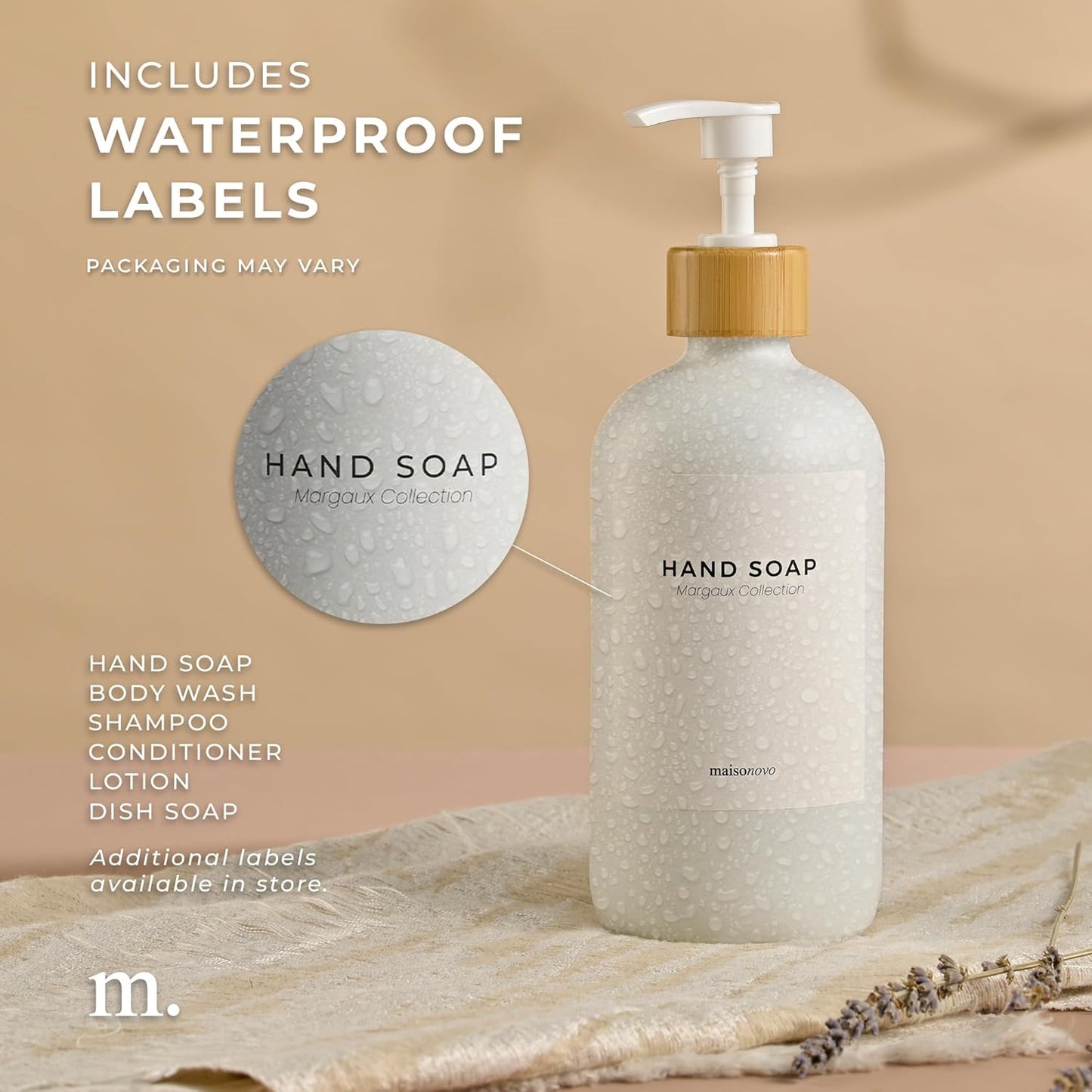 MaisoNovo Glass Hand Soap Dispenser | Dish Soap Dispenser for Kitchen | 16.9oz White Bottles with White Bamboo Pump | Bathroom Lotion Dispenser