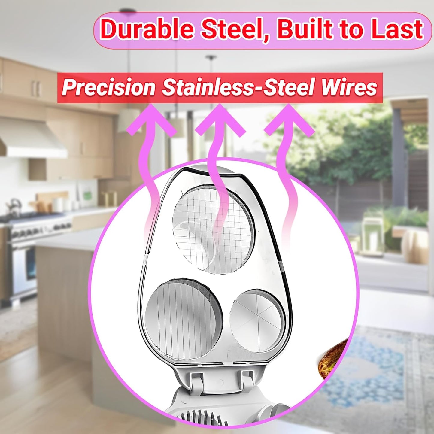 3 In 1 Egg Slicer, Stainless Steel Multipurpose Egg Cutter, 3 Way Egg Dicer for Hard Boiled Eggs, Grape and Tomato Chopper for Strawberry, Salad, Fruit and Vegetable (White)