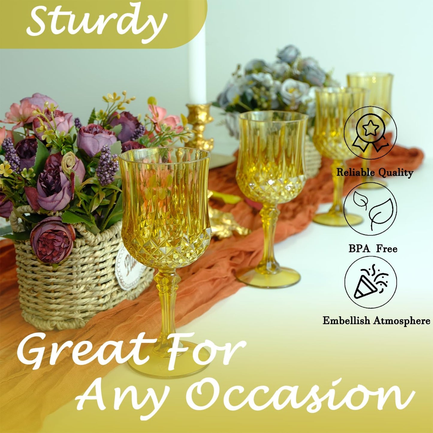Plastic Wine Glasses,Plastic Goblets Vintage Style Cordial Drinking Glasses for Wedding Reception, Grand Event Party Supplies (12, Gold)