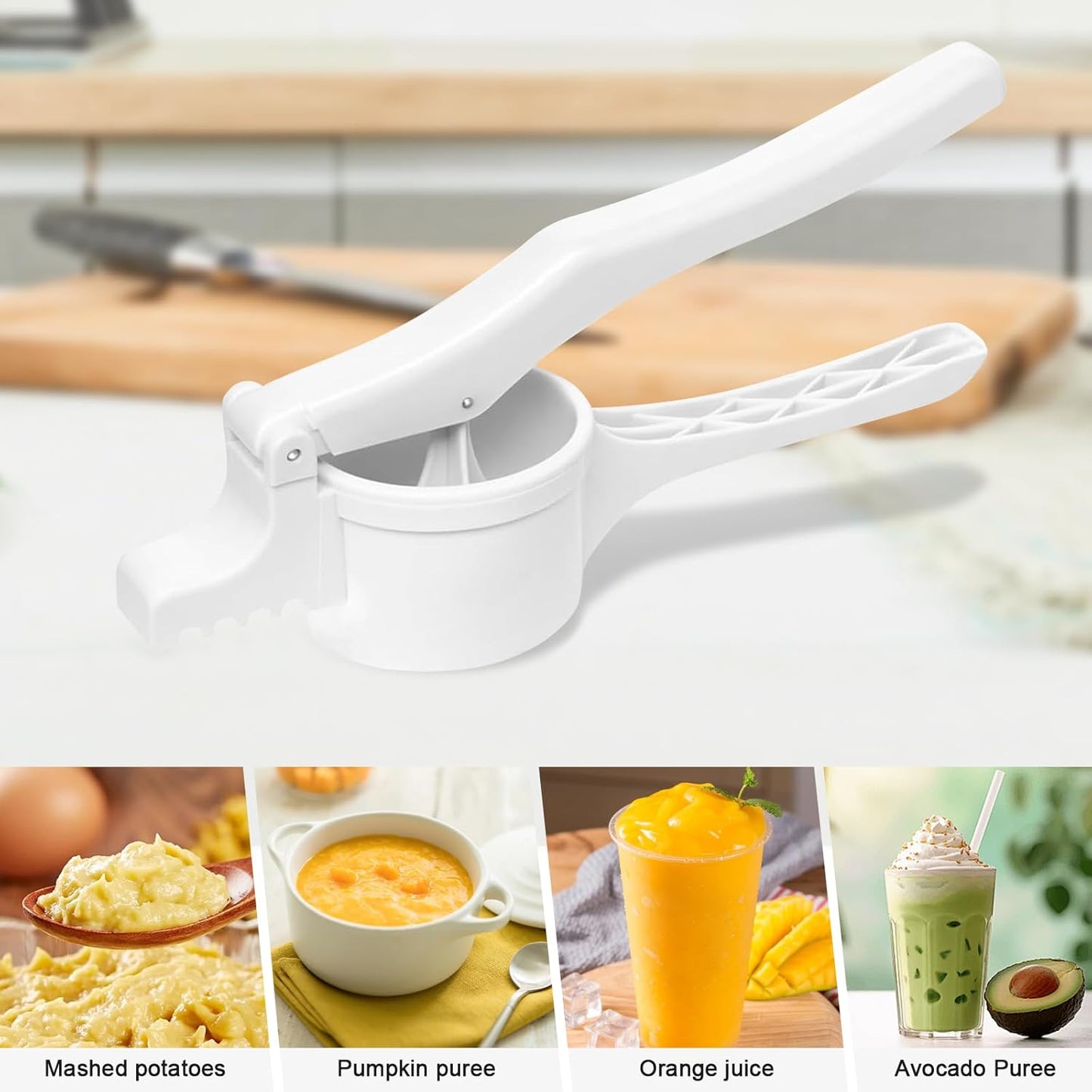 Potato Ricer and Masher with 3 Interchangeable Discs, Stainless Steel Discs, Large Capacity Potato Masher Kitchen Tool Labor-saving Handle Great for Baby Food and juices