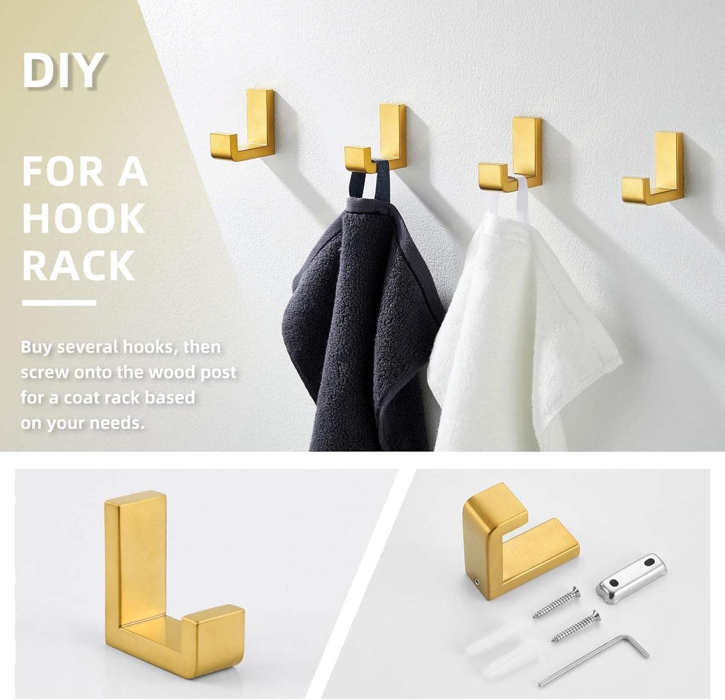 Angle Simple Towel Hook for Bathroom, SUS 304 Stainless Steel Shower Wall Coat Hook, Bath Robe Holder Hanger, Brushed Gold
