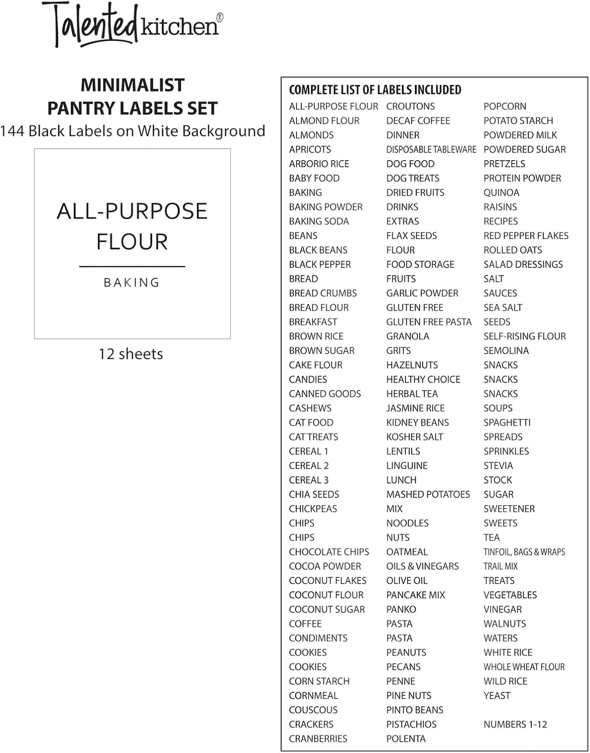 Talented Kitchen 144 Pantry Labels for Containers, Food Storage - Preprinted Black All-Caps on Matte White Vinyl Stickers for Minimalist Style Kitchen (Water Resistant)