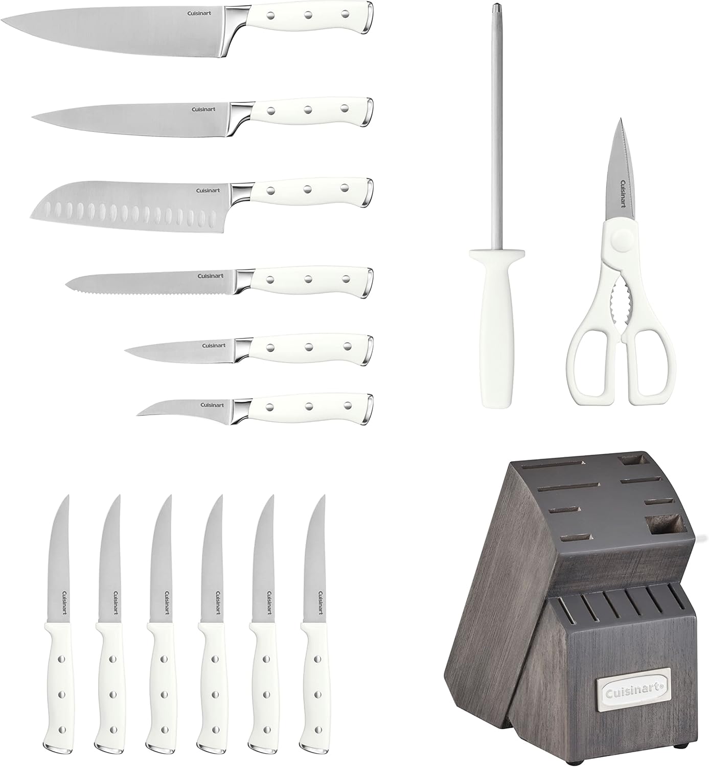Cuisinart 15-Piece Knife Set with Block, High Carbon Stainless Steel, Forged Triple Rivet, White/Charcoal Gray C77WTR-15PCG