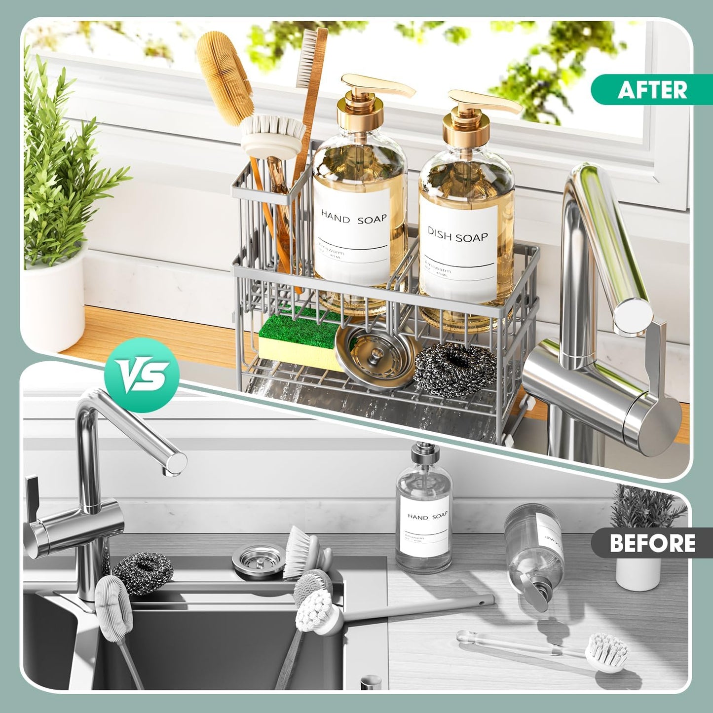 Sponge Holder for Kitchen Sink, 2 Tier Sink Caddy Organizer with High Brush Holder, Self-Draining Sponge Holder for Sinks, Soap Dispenser Organizer, Rustproof 304 Stainless Steel, Silver