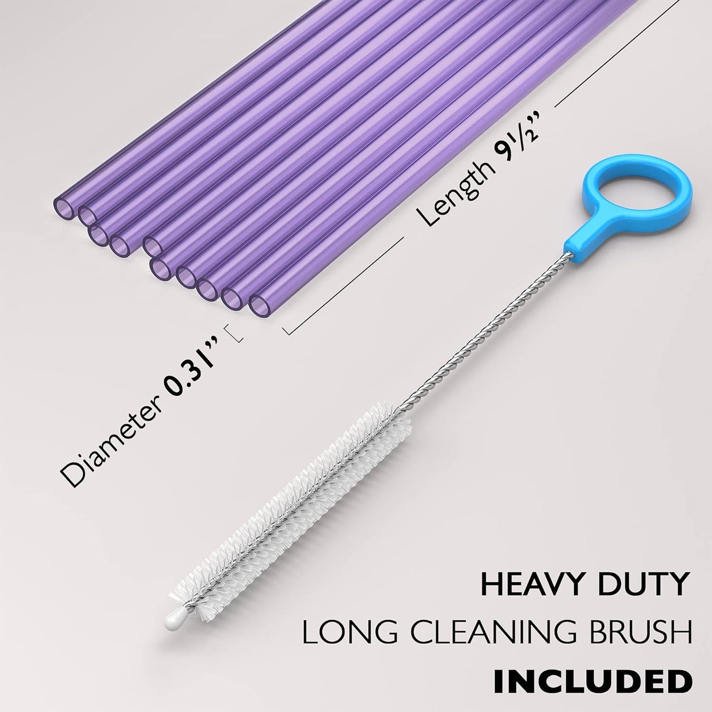 10 Long Reusable Hard Purple Plastic Drinking Straws, Medium Width + Sturdy Cleaning Brush - for Tumblers, Mason Jars, Smoothies and Milkshakes - Dishwasher Safe BPA Free
