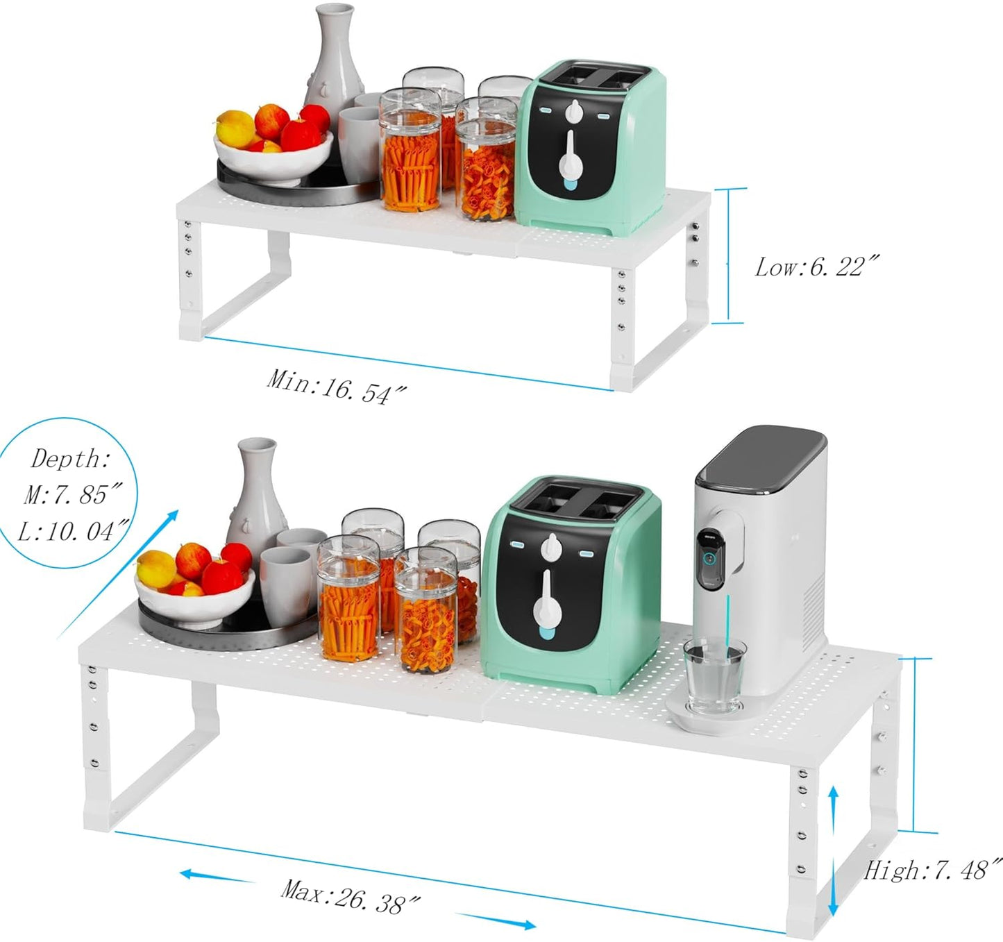 Expandable Spice Rack Kitchen Cabinet Shelf Organizer, Stackable Storage Shelves Racks, Adjustable Counter Shelving for Cabinets, Countertop, Cupboard,Pantry and More(2Packs/White/Medium)