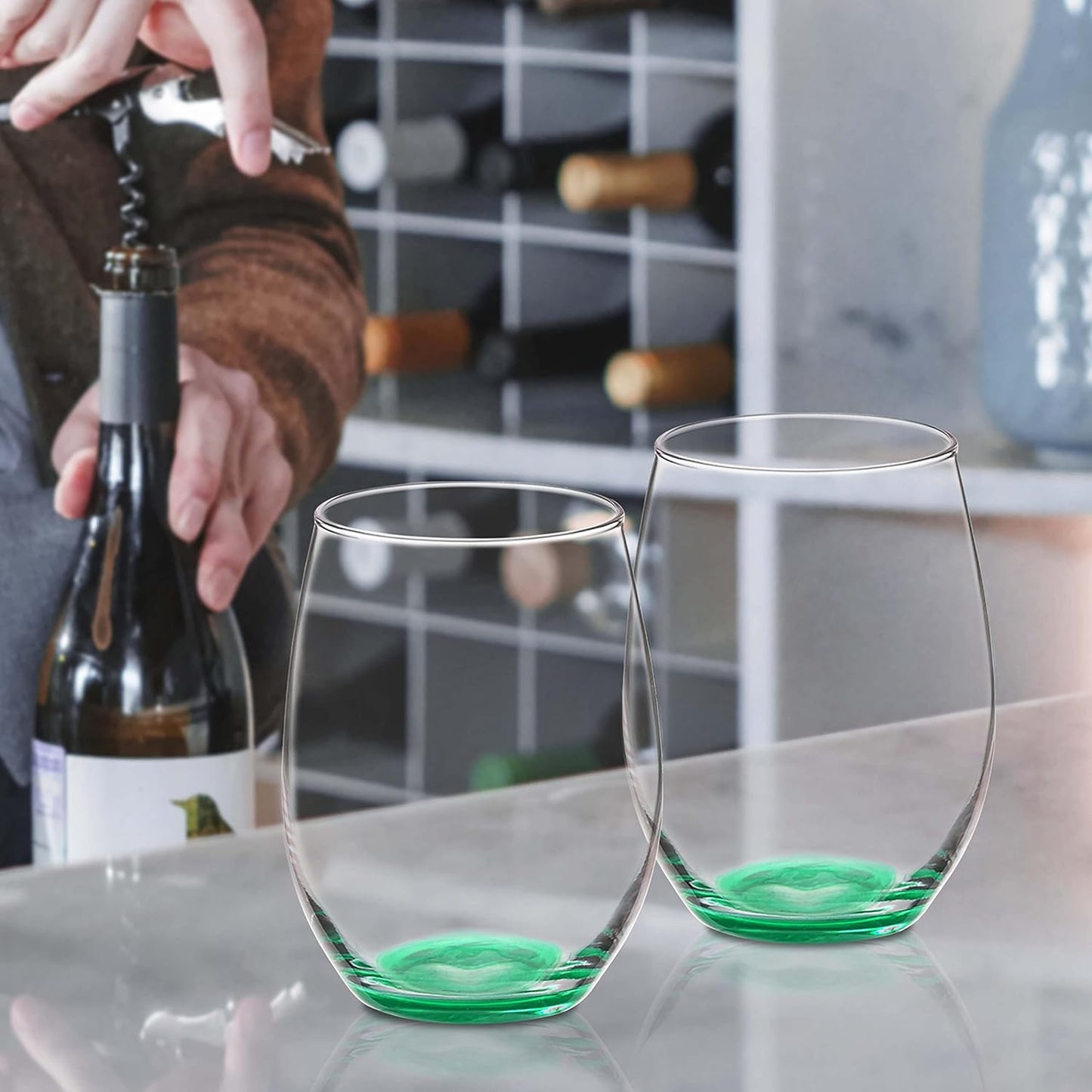 DISCOUNT PROMOS 10 ARC Stemless Wine Glasses Set, 21 oz. - Chardonnay, Cabernet, Merlot, Sauvignon - Green