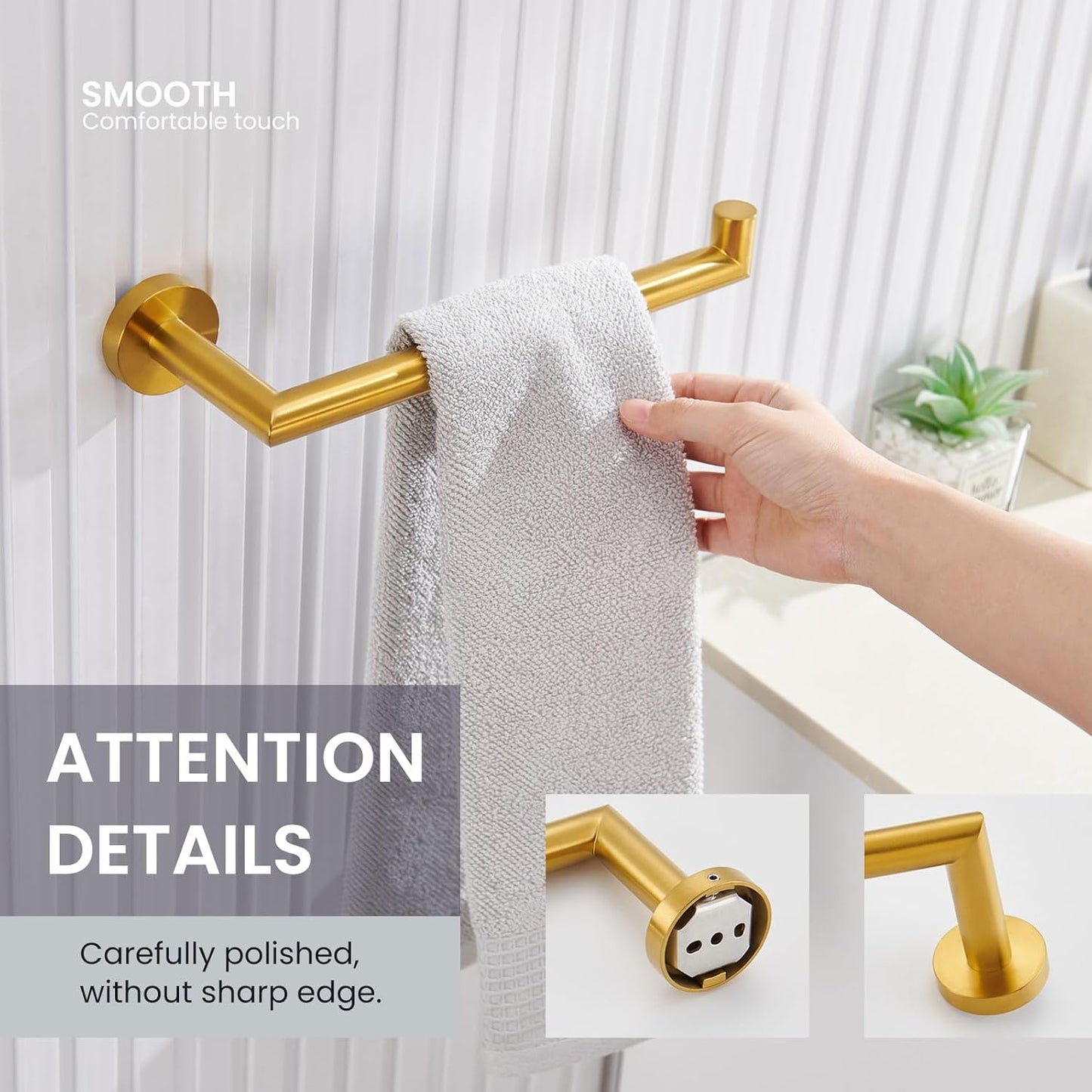 Suyar Brushed Gold Towel Holder, SUS 304 Stainless Steel Bathroom Kitchen Hand Towel Rack Bar for Wall
