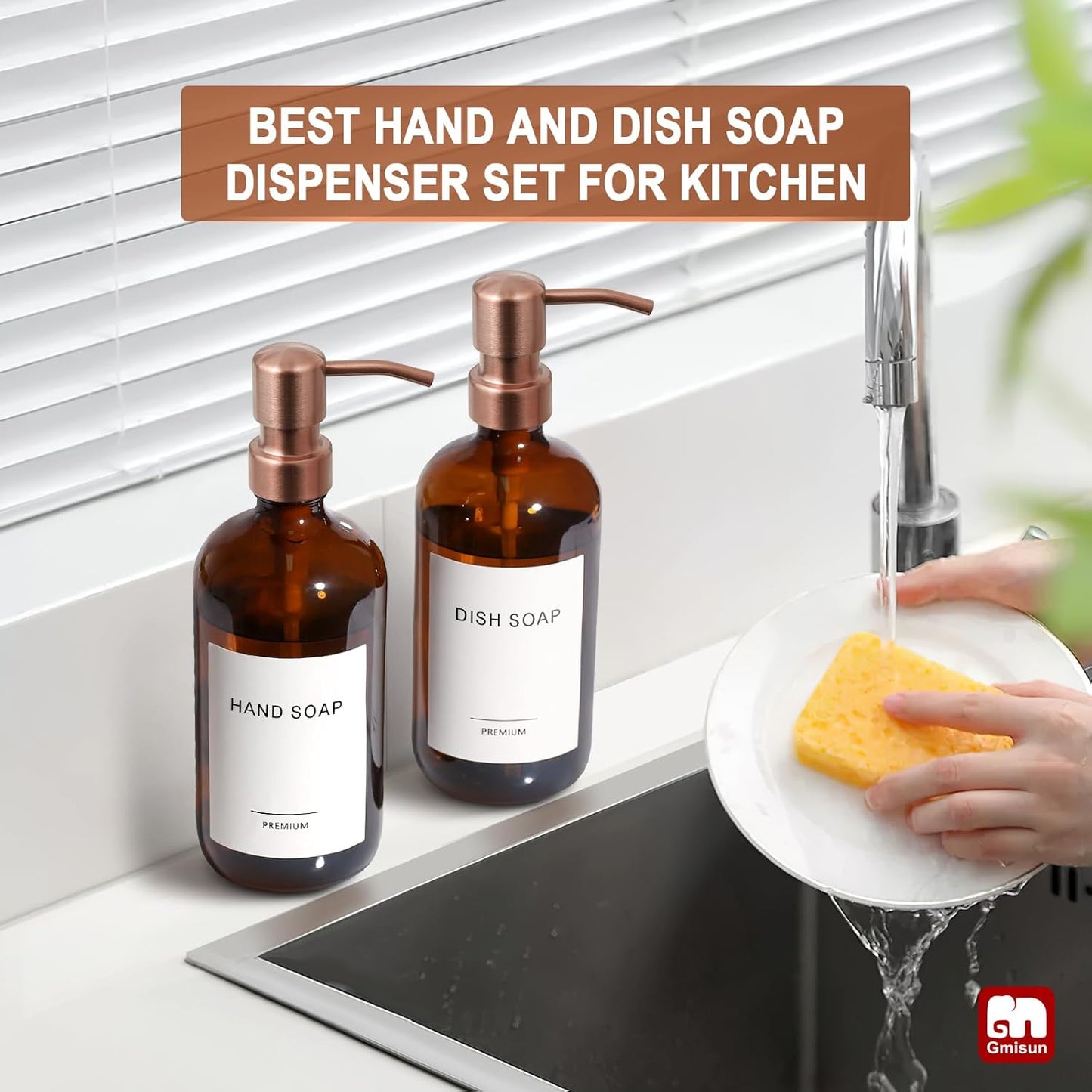 GMISUN Amber Glass Soap Dispenser, 2 Pack Bathroom Hand Soap Dispensers with Rose Gold Pump, 17 Fl Oz Kitchen Hand and Dish Soap Dispenser Set, Modern Vintage Liquid Brown Soap Dispensers Bottle