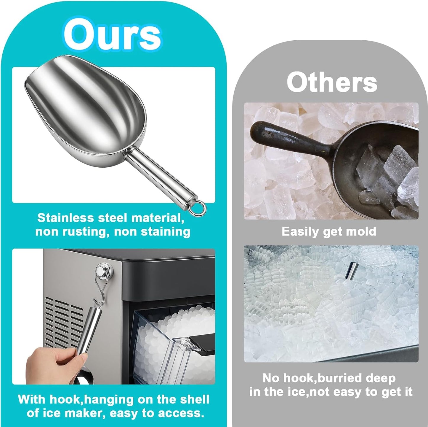 Stainless Steel Ice Scoop for Freezer with Magnetic Hook - Ice Scoop for GE Profile Opal 2.0 Nugget Ice Maker, for Kitchen Bar Party Accessories (6OZ)