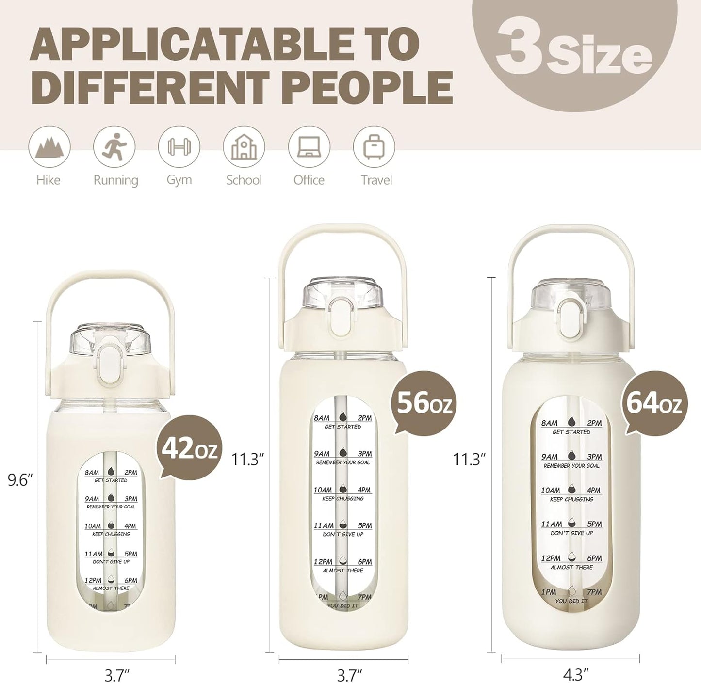 kytffu 64oz Glass Water Bottles with Straw, Half Gallon Motivational Glass Bottle with Silicone Sleeve and Time Marker, 2L Leakproof Large Glass Water Jug for Gym Home Office,White