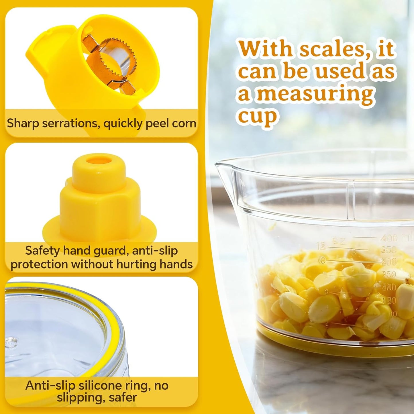 Corn Cob Stripper and Peeler Tool with Bowl, Multifunction Quick Corn Kernel Cutter Set with Grinder, Fast Kernel Peeler for Corn on The Cob, Non-Slip Base for Kitchen
