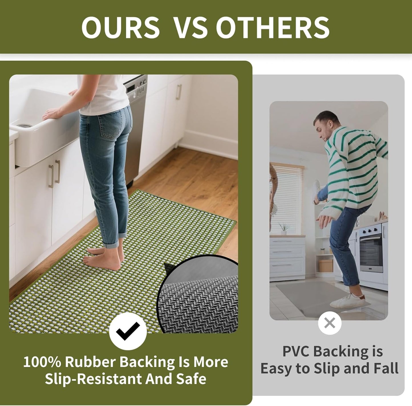 Kitchen Runner Rugs Non Slip Washable, Super Absorbent Soft Chenille Braided Kitchen Mats for Floor Rubber Backing Sink Mat Standing Hallway Floor Mat, Easy Clean, Green 17"x59"