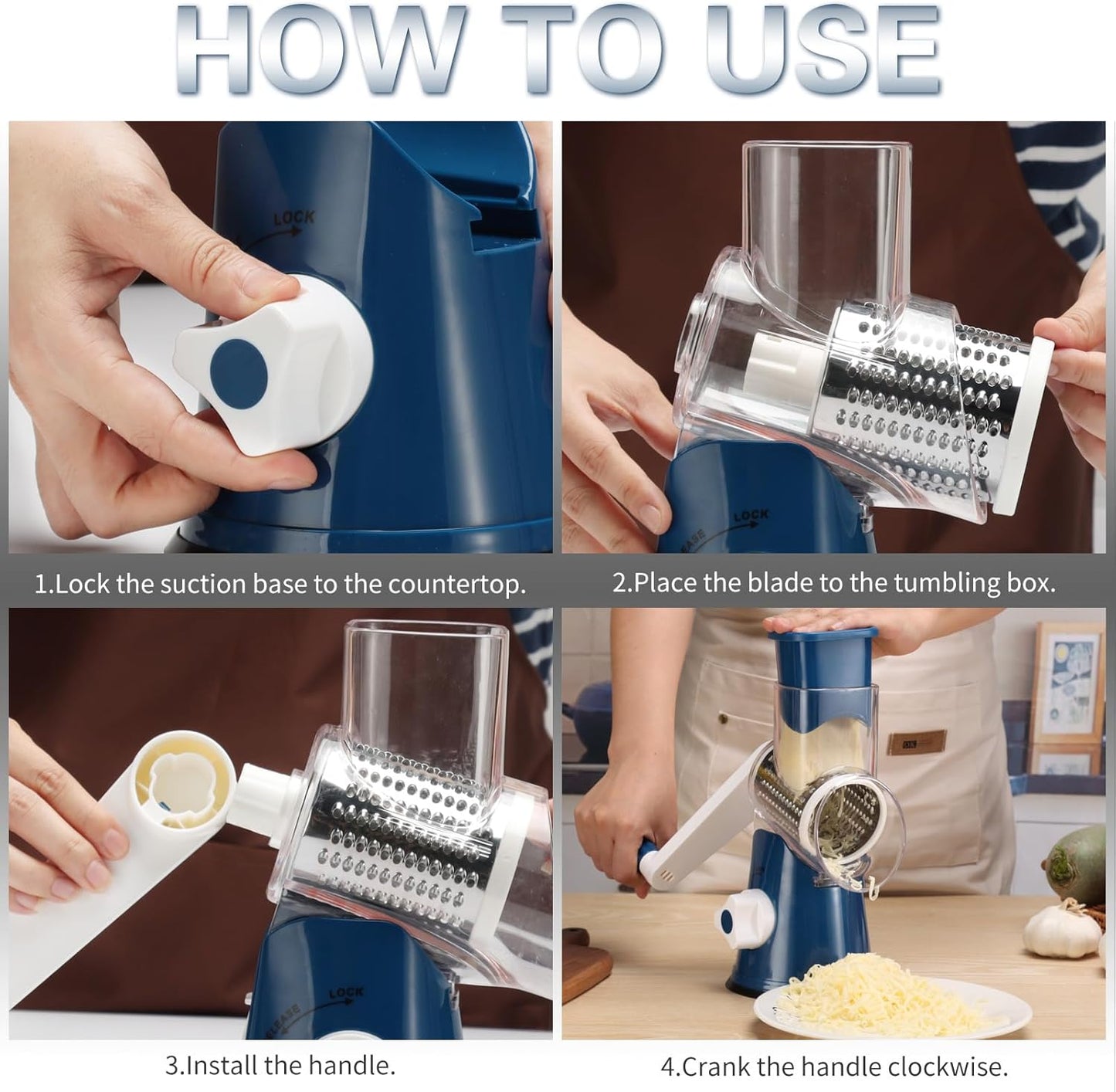 Cambom Rotary Cheese Grater Hand Crank Cheese Shredder for Fresh Cheese, Vegetable, Nuts,Non-slip Suction Base, Free Cleaning Brush Three Blades,Deep Blue