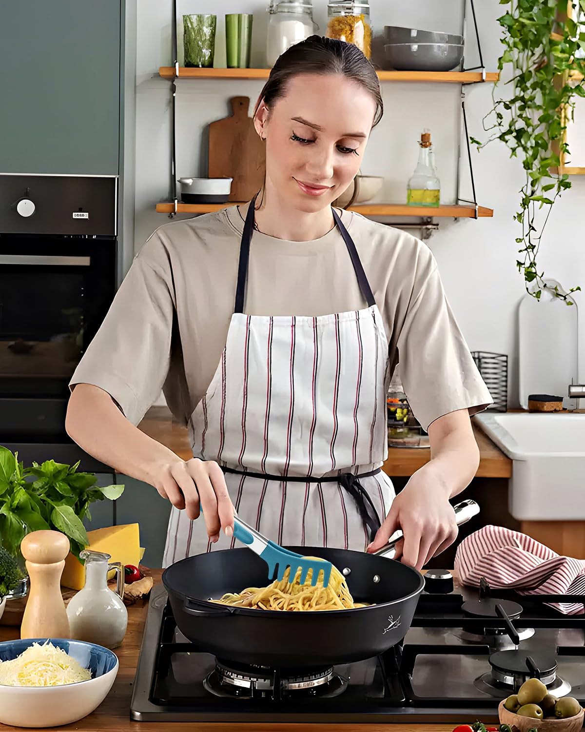 Spaghetti Spoon and Pasta Tong, Non-stick Silicone Spoon Server Fork With Teeth and Stainless Steel Handle, Food Clip for Noodles (Blue)