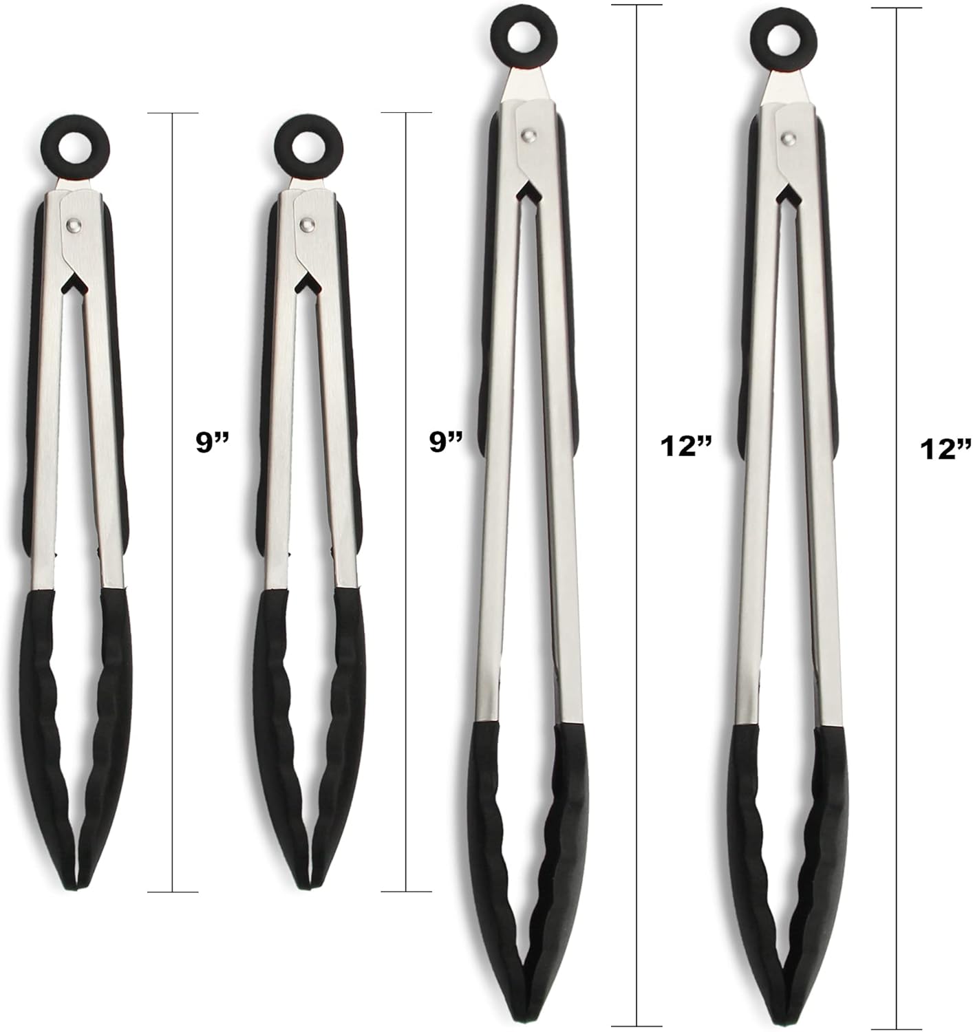 4 Pack Black Kitchen Tongs, Premium Silicone BPA Free Non-Stick Stainless Steel BBQ Cooking Grilling Locking Food Tongs, 9-Inch & 12-Inch