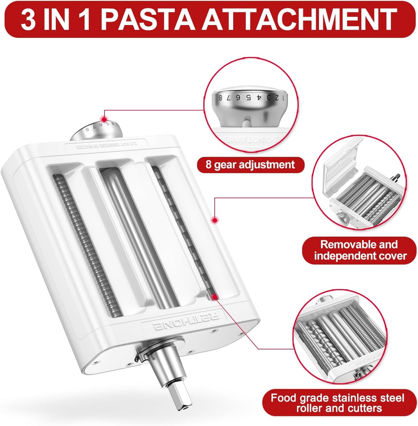 RETHONE Pasta Maker Attachment for KitchenAid Stand Mixers -3 in 1 Set Pasta Attachments includes Pasta Roller, Spaghetti Fettuccine Cutter, Pasta Machine Attachment Accessories for KitchenAid