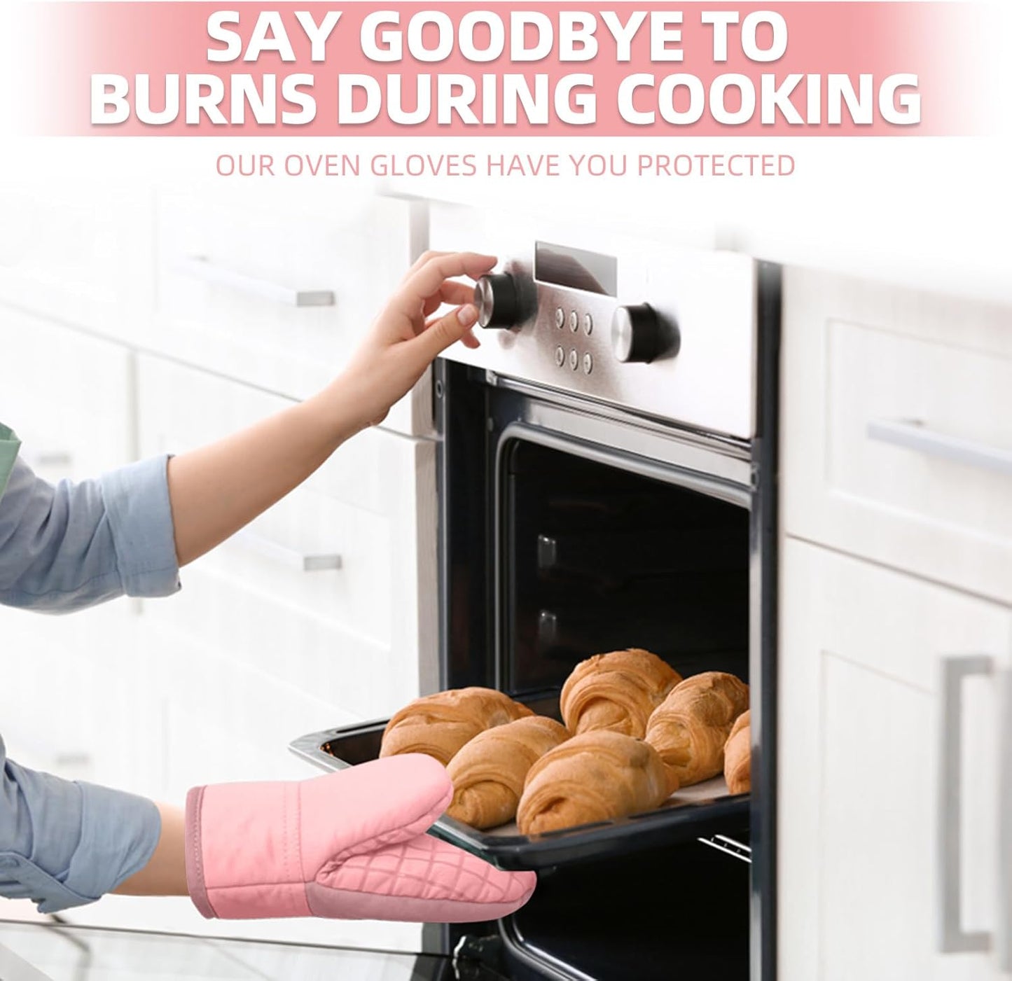 Mini Oven Mitts, Kitchen Oven Gloves Kitchen Mittens 500 Degrees Heat Resistant Baking Gloves, Non-Slip Silicone Surface with Hanging Loops Hot Gloves for Cooking, Baking, BBQ 1 Pair-Pink