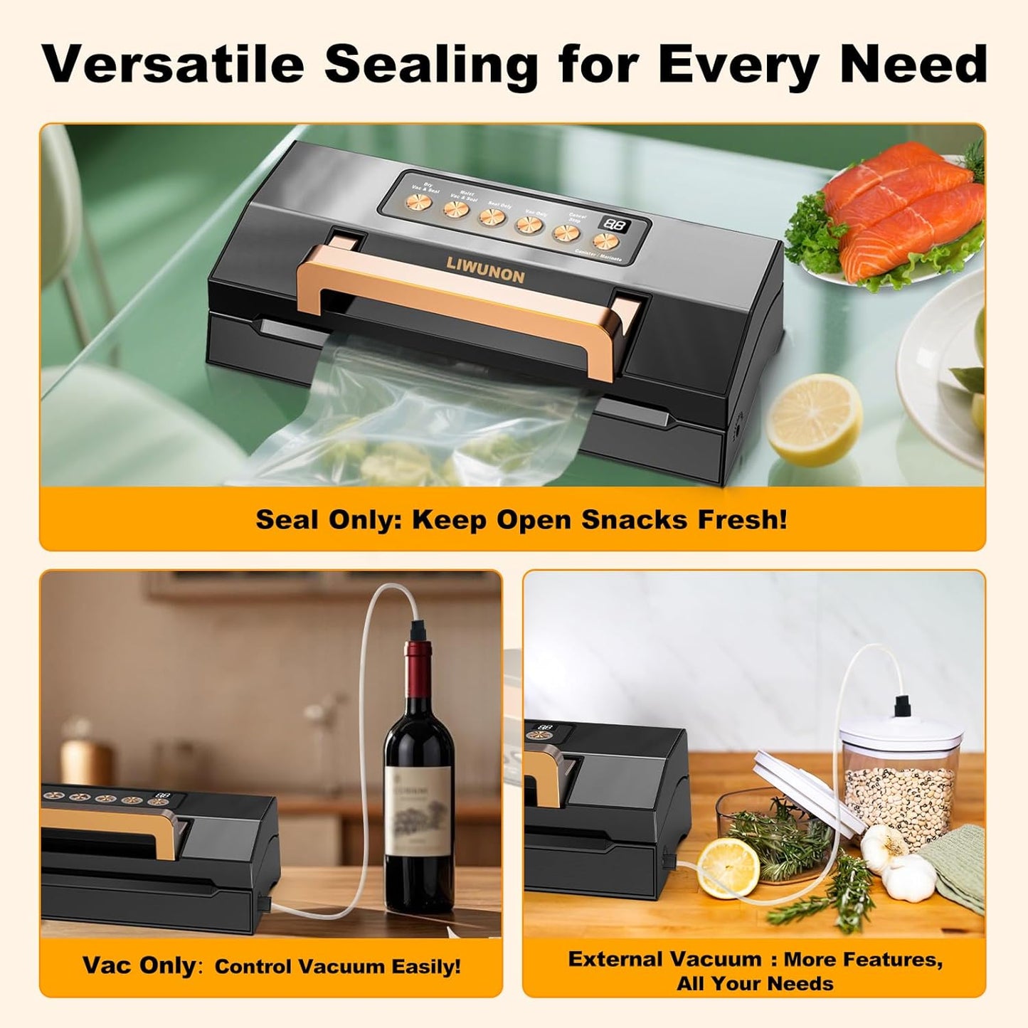 Powerful Suction Vacuum Sealer Machine,Commercial Fully Automatic Food Vacuum Sealer with Double Heat Seal,Dry & Moist Modes,Built-in Cutter,Bags Storage,Easy-Lock Handle,Include 2 Bag Rolls (Black)