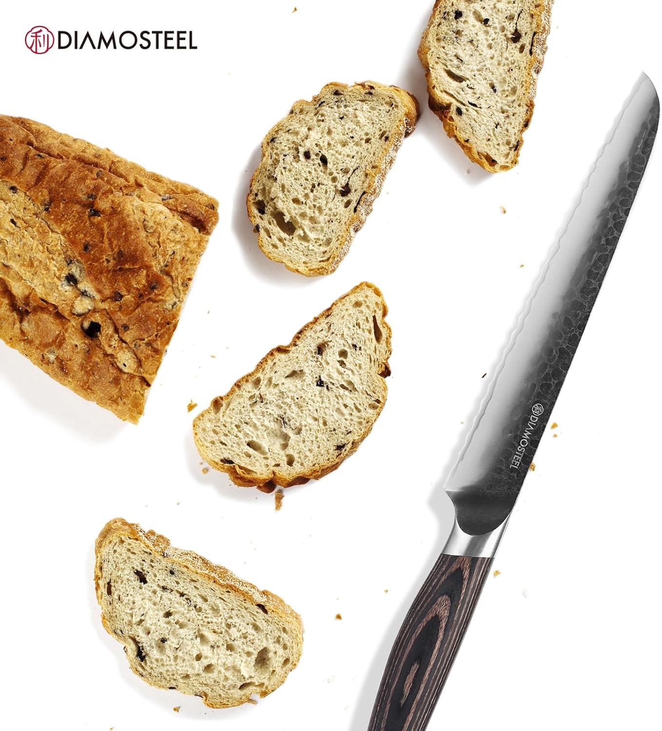 Bread Knife - 8-Inch Serrated Bread Knife - Hammered Black Oxide Blade Japanese 9CR18MOV High Carbon Stainless Steel Sharp Bread Cutter Knife - Ergonomic Pakkawood Handle with Present Box