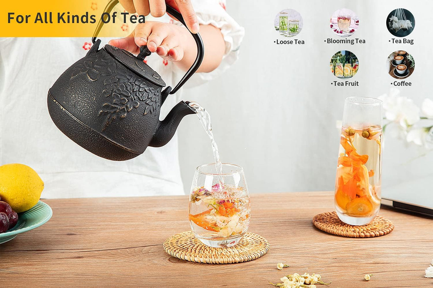 Tea Kettle, TOPTIER Japanese Cast Iron Tea Pot for Stove Top, Cast Iron Teapot Humidifier for Wood Stove, Leaf Design Tea Kettle Coated with Enameled Interior for 32 Ounce (950 ml), Black