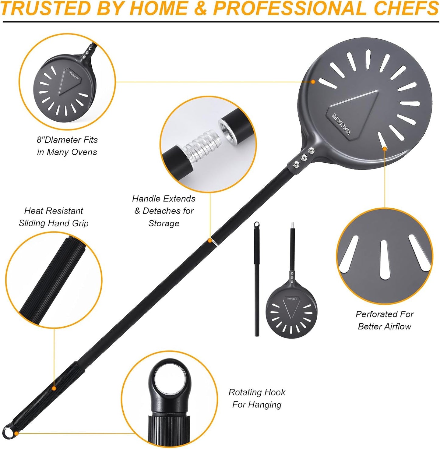 Turning Pizza Peel, 8 Inch with 25 Inch Handle Round Pizza Turning Peel, Professional Anodized Aluminum Turning Pizza Spatula, 33 Inch overall