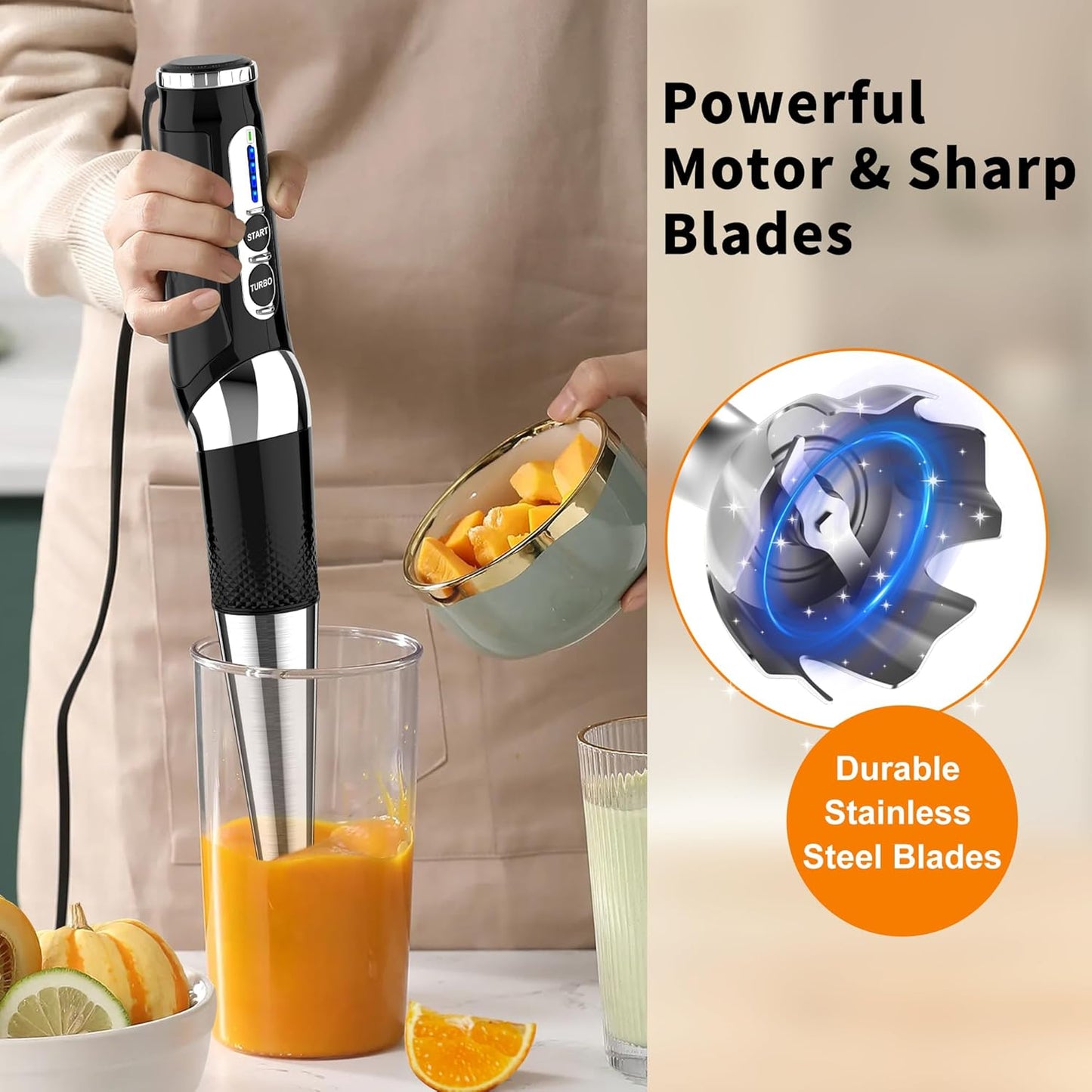 Immersion Blender Handheld, 3-Angle Adjustable with 21-Speed Electric Hand Emulsion Stick Blender with Stainless Steel Blade for Milkshakes, Puree, Soup, Baby Food, Smoothies