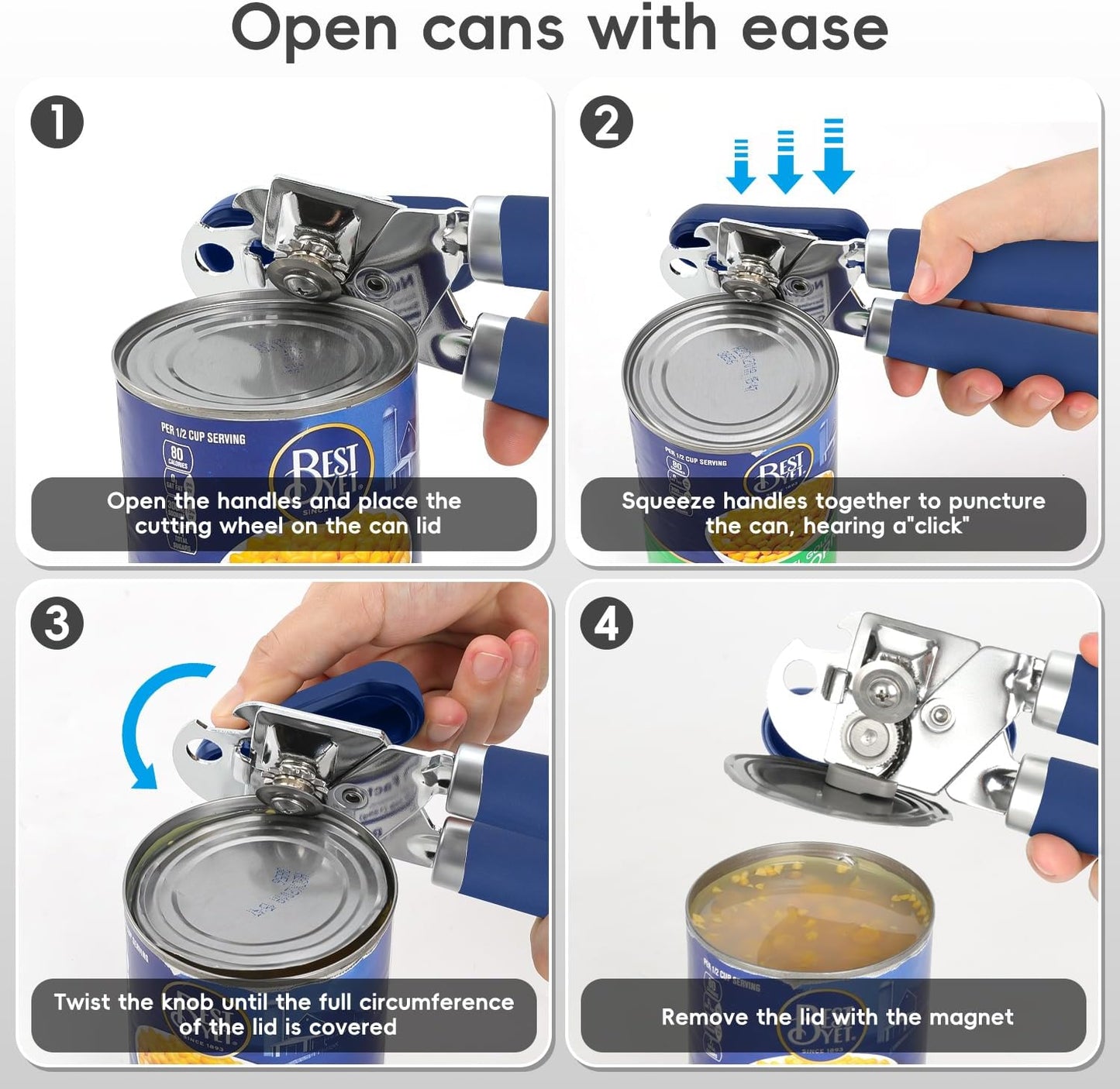 Can Opener Manual, UHIYEE Hand Held Manual Can Openers Heavy Duty with Smoother Cut Sharp Blade, Manual Hand Can Open with Soft Handle, Easy to Turn Knob, Magnetic Lid Lifter, Blue