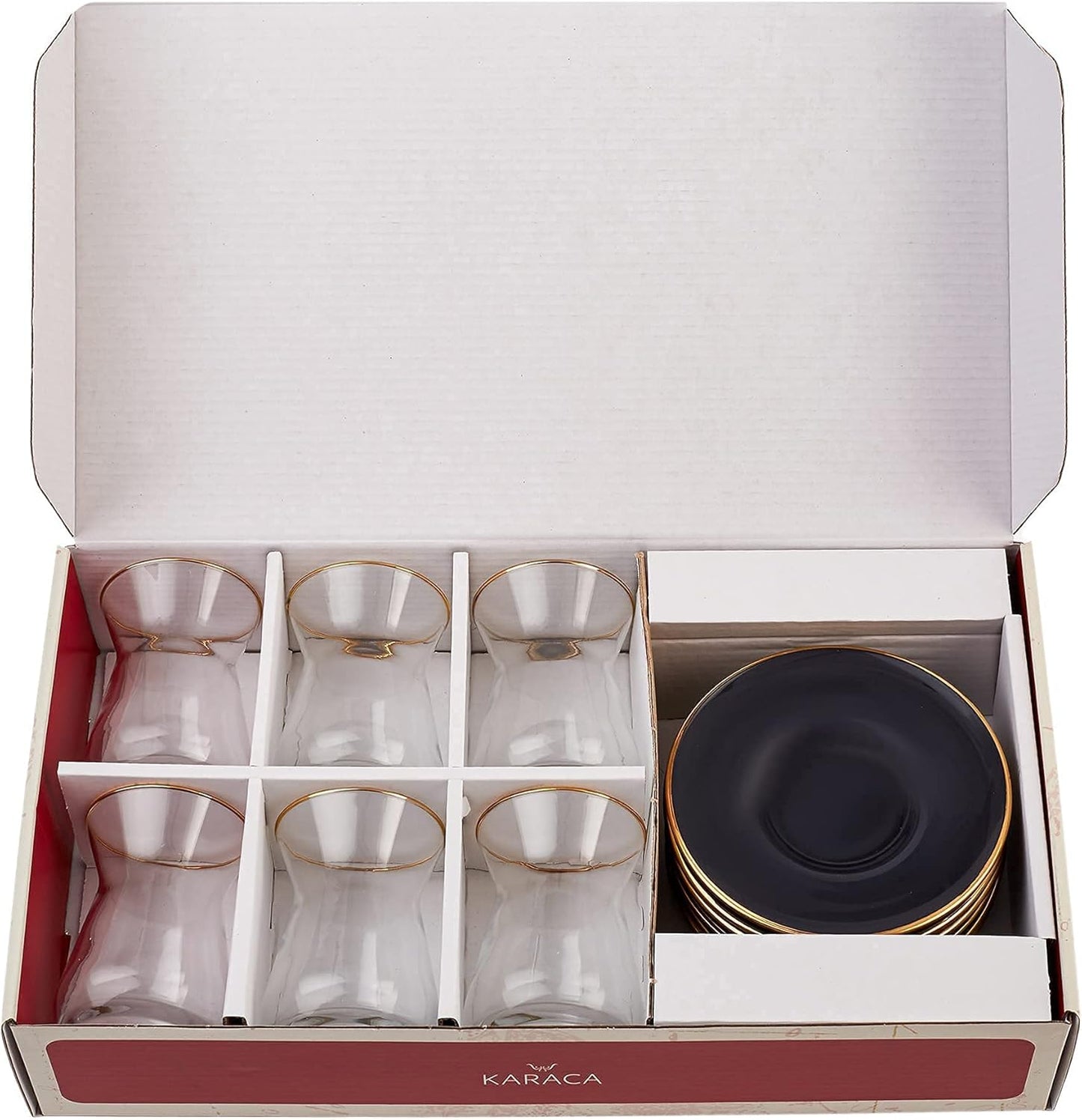 KARACA Retro Anthracite Tea Set for 6, 6 Turkish Tea Glasses, 12 Pcs, Gold Decal Details