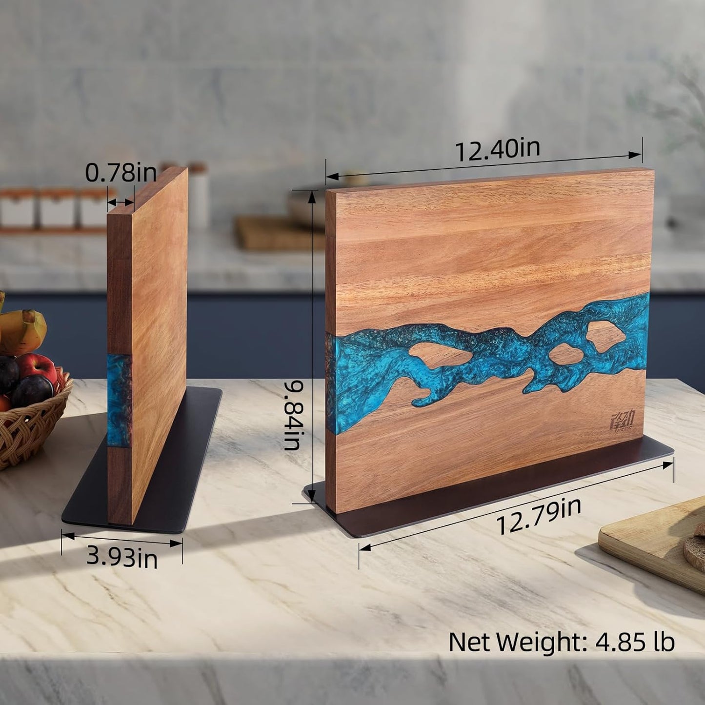 FINDKING Magnetic Knife Block, Double Sided Holder, Powerful Magnet Kitchen Storage, Acacia Wood and Blue Resin (12 x 10 Inches, Without Knives)