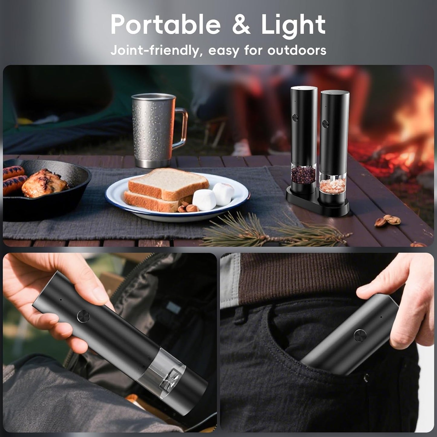 Electric Salt and Pepper Grinder Set, Mini Rechargeable Automatic Salt Pepper Shakers Mills, Adjustable Coarseness Easy Filling with Base&Cover, for Kitchen Outdoors Gift- 2 Packs, Black