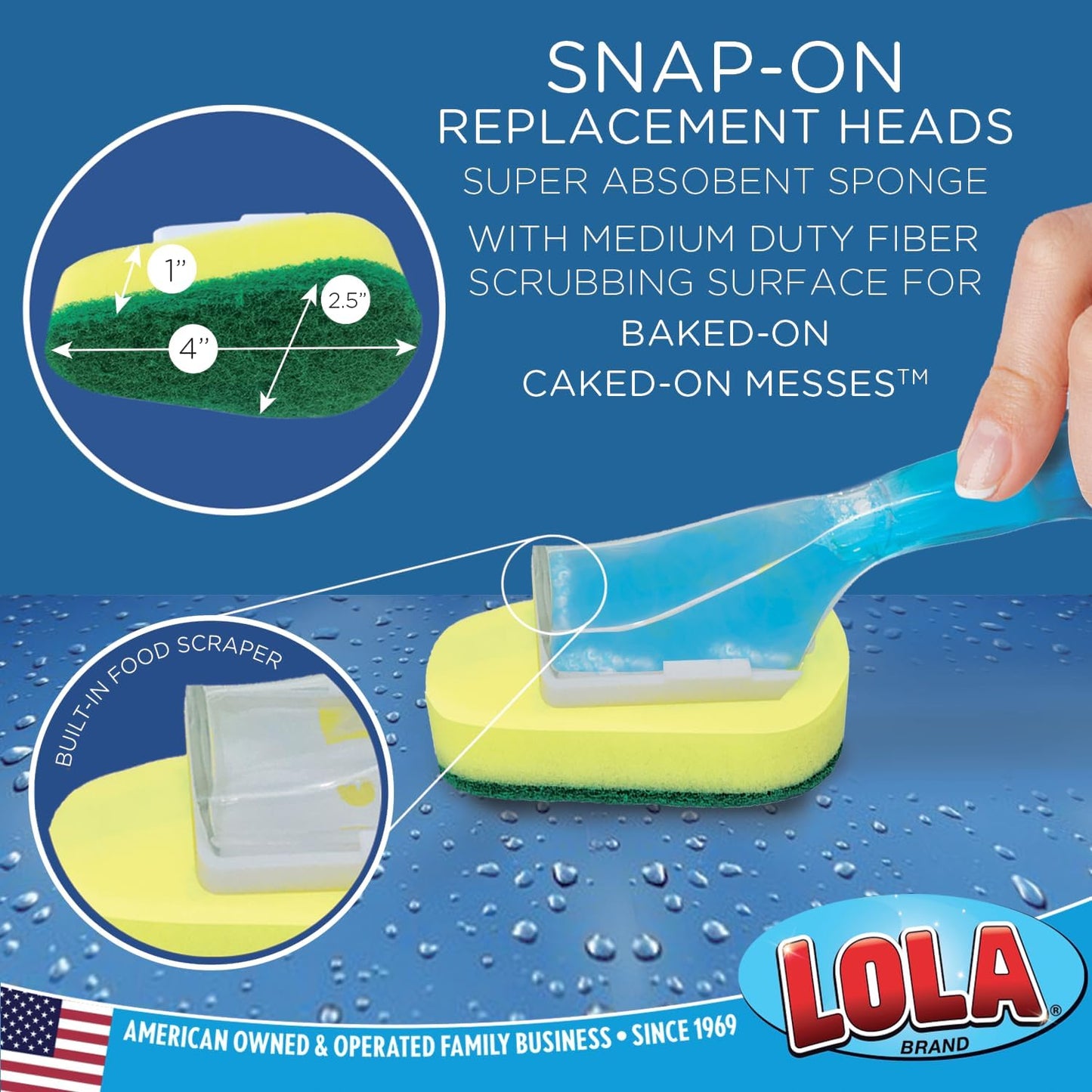 LOLA Dish Brush w/Soap Dispenser Wand, 12 Brush w/Heads & 72 Refills, Absorbent Sponge Scrubber, No Leaking. Clean Dishes, Sinks and Cookware