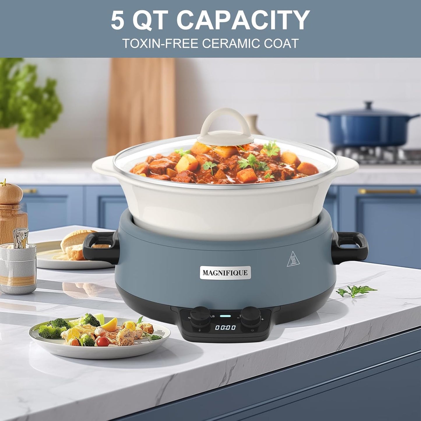 MAGNIFIQUE 5 Quart Programmable Slow Cooker with Auto Warm Setting, Glazed Ceramic Liner, Kitchen Small Appliance for Family Dinners, Blue
