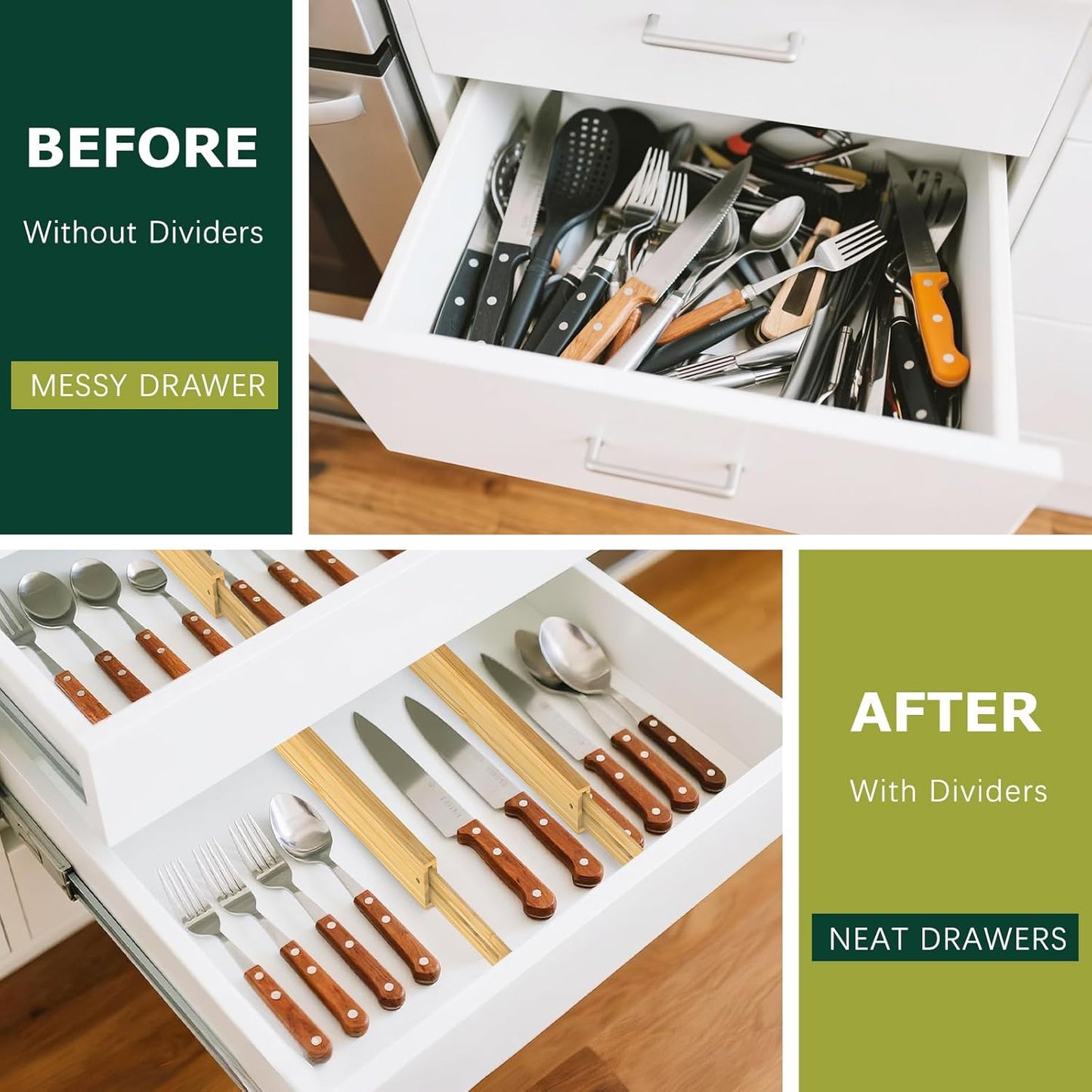 Lzerking Kitchen Drawer Dividers 6 Pack, 17-22" Adjustable Bamboo Drawer Organizers Large, Spring Loaded, Expandable Utensil Organizer, Works in Kitchen, Dresser, Closet, Bathroom, Bedroom