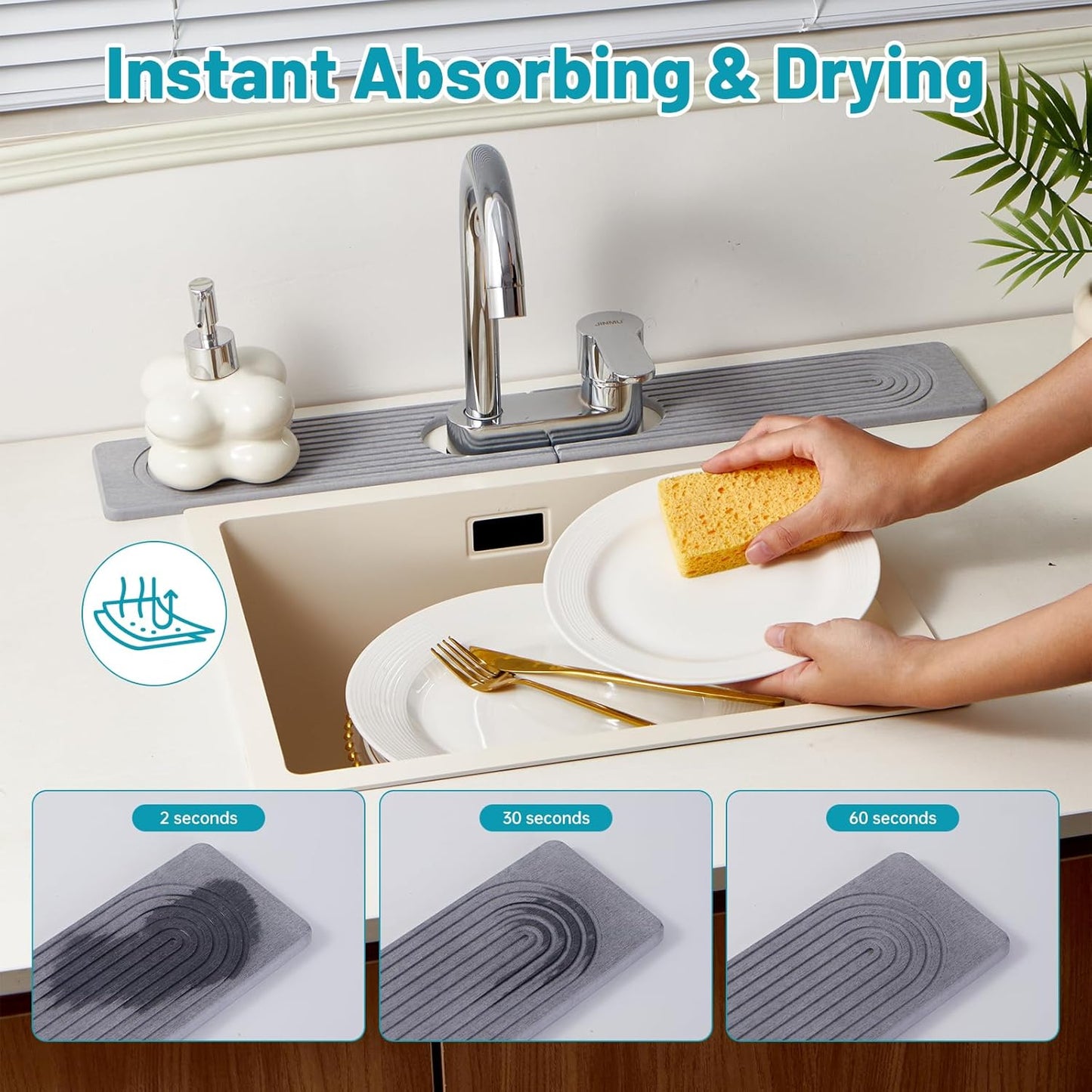 Stone Faucet Mat for Kitchen Sink with Oval Hole – 23.6" × 3.9" Diatomite Drying Stone Mat & Sink Protector, Quick-Dry Splash Guard Water-Absorbing Tray for Bathroom Counter(Gray.23.6" x 3.9"