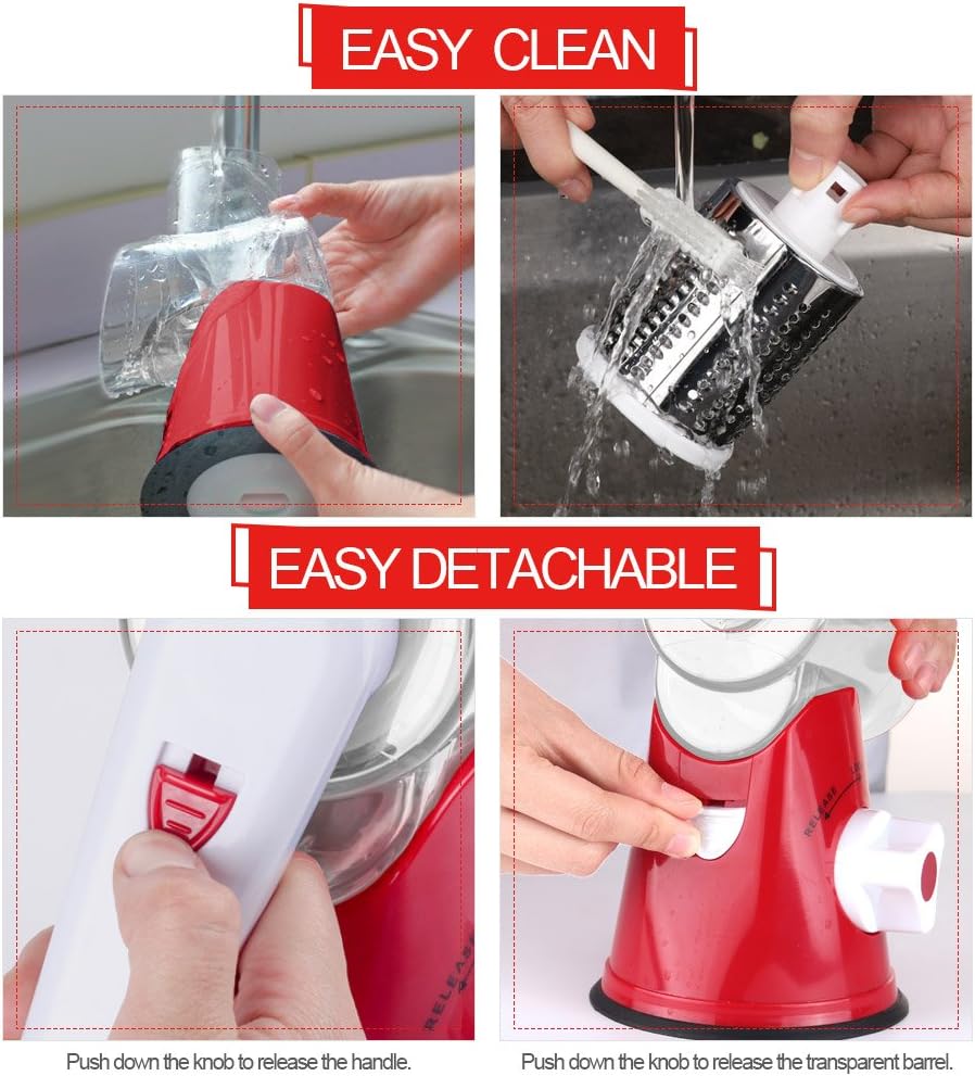 Cambom Rotary Cheese Grater Hand Crank Cheese Shredder for Fresh Cheese, Vegetable, Nuts,Non-slip Suction Base, Free Cleaning Brush Three Blades, Red