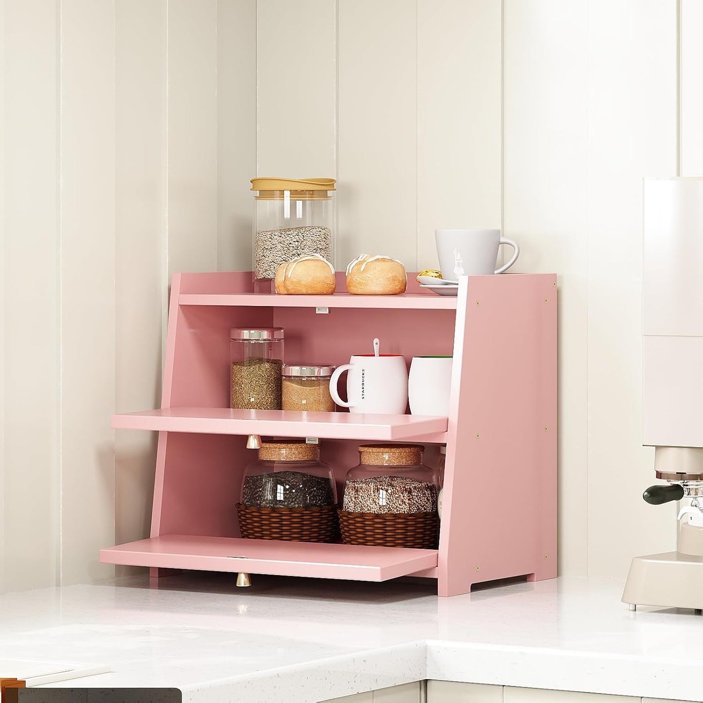 Vintage Double Layer Bread Box for Kitchen Counter Bamboo Bread Storage Container Large Capacity Bread Storage Bin (Pink)