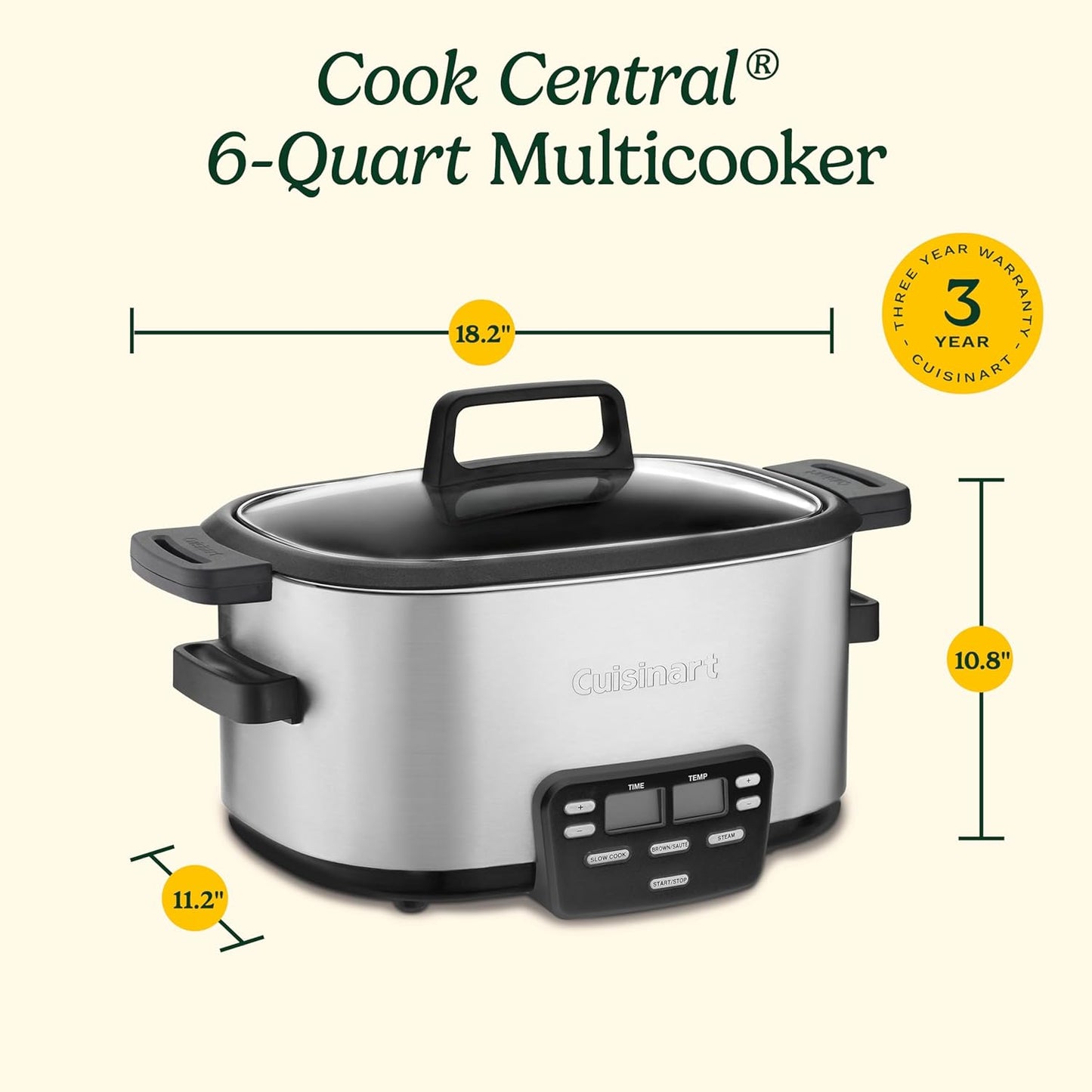 Cuisinart MSC-600 3-In-1 Cook Central 6-Quart Multi-Cooker: Slow Cooker, Brown/Saute, Steamer, Silver