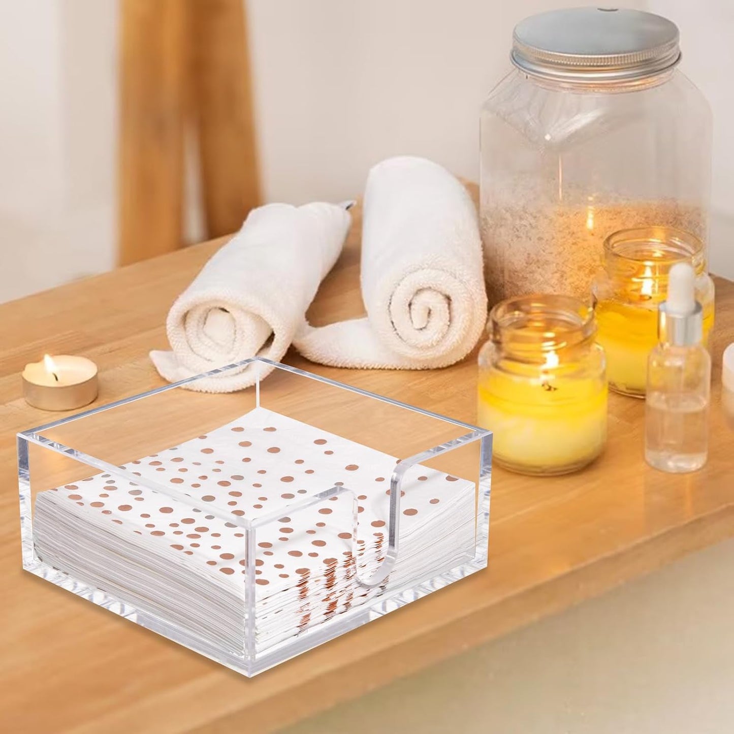 Rubtlamp 2 Pack Napkin Holder, Clear Acrylic Napkin Holder, 5.5x5.5x2.6 Inch Square Cocktail napkin holder, Plastic Napkins holder Great for Table Bathroom,Kitchen, Dinners for Mothers Day