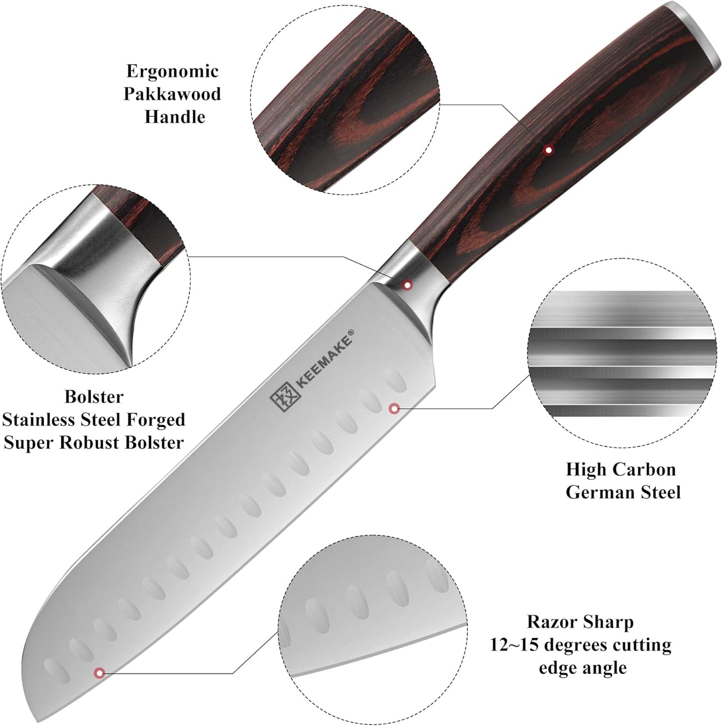 KEEMAKE Santoku Knife Set of 3pcs, Japanese Chef Knife Sets with German High Carbon Stainless Steel 1.4116 Kitchen Knives, Pakkawood Handle Cutting Knives