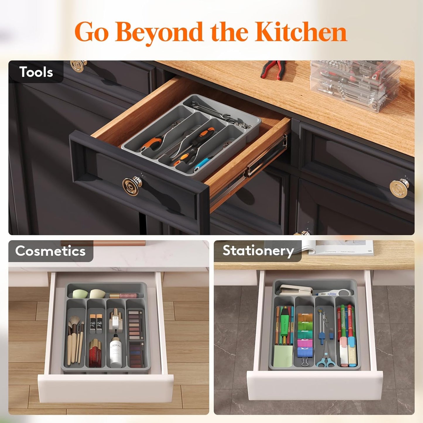 Lifewit Silverware Drawer Organizer Tray, Plastic Cutlery Storage for Kitchen Drawer, Flatware and Utensil Holder Divider for Spoons Forks Knives Tableware, 5 Compartment, Gray