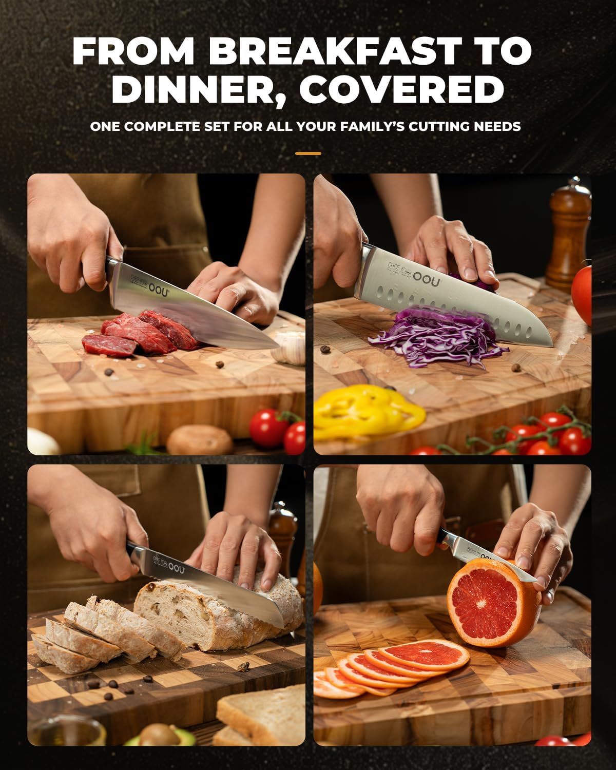 OOU 15-Piece Kitchen Knife Set with Block, German Stainless Steel Knife Blcok Set with Sharpening Rod, Ergonomic Wood Handle, Premium Cutlery Set with Steak Knives