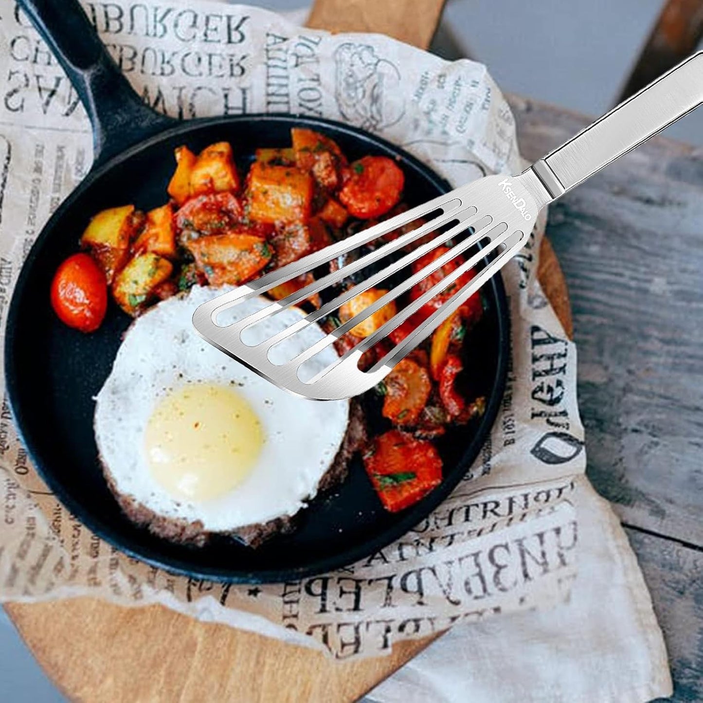 KSENDALO Fish Spatula Stainless Steel, Egg Flipper Spatula with Thin Flexible Slotted and Angled Blade for Kitchen Cooking, Grill, Camping, Essential Metal Spatulas,Silver Kitchen Utensils Set