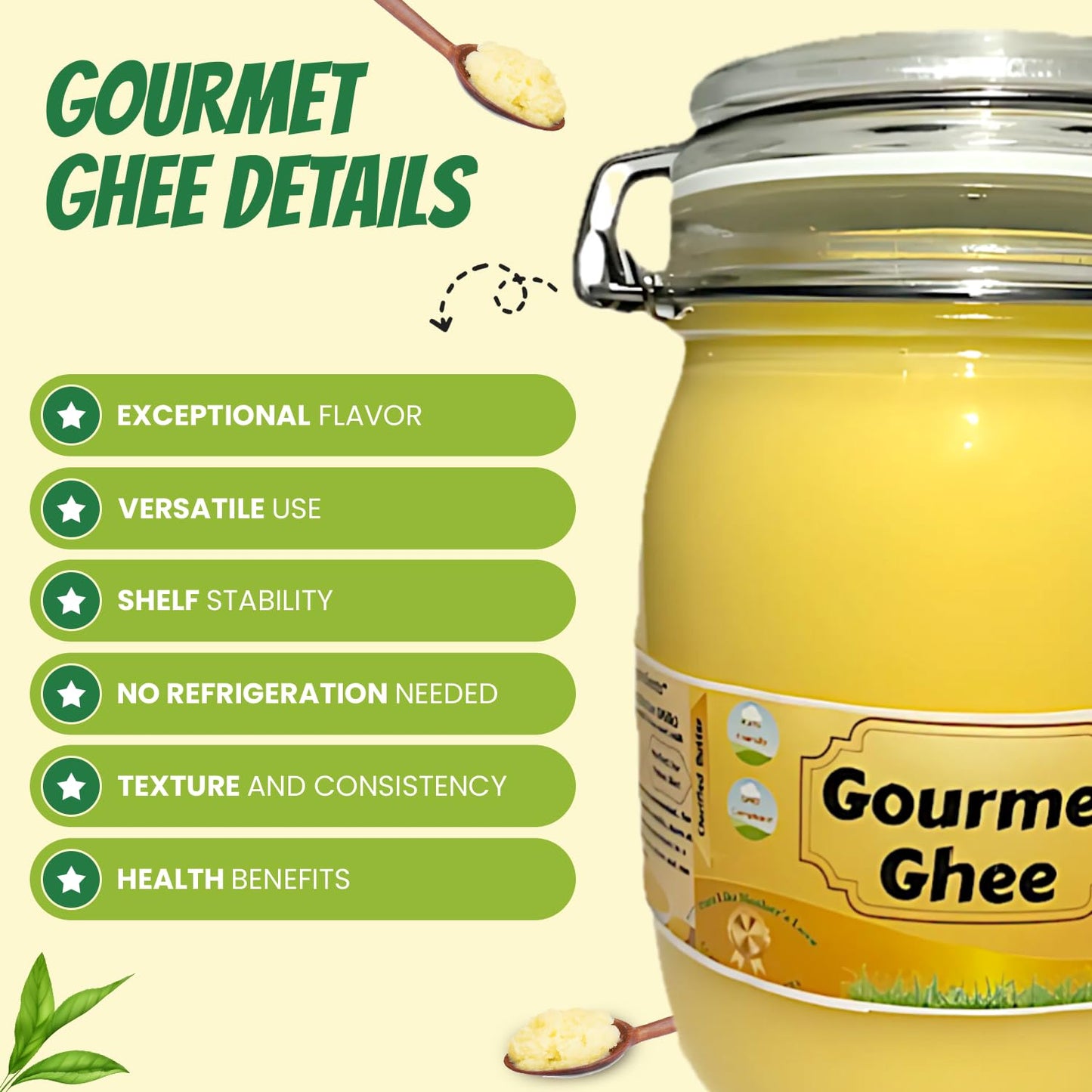 Premium Gourmet Clarified Butter - Natural & Pure Grass-Fed Ghee for Energy, Gut, and Immune Health Support - Versatile Healthy Cooking for Spreading, Baking & Sauteing 2lbs (32 Oz) (2PACK - Natural Ghee)