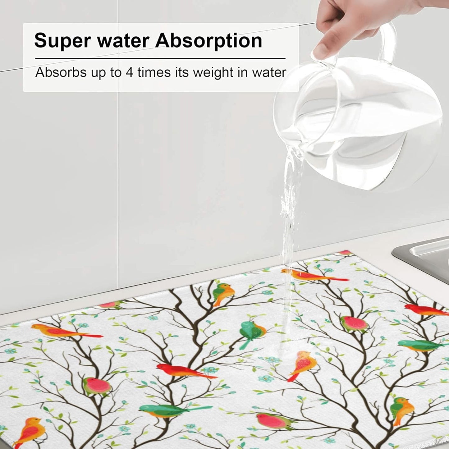 Cute Birds Kitchen Drying Mat Birds on Tree Microfiber Dish Drainer Mat for Kitchen Counter Absorbent Reusable Washable 18x24 Inch