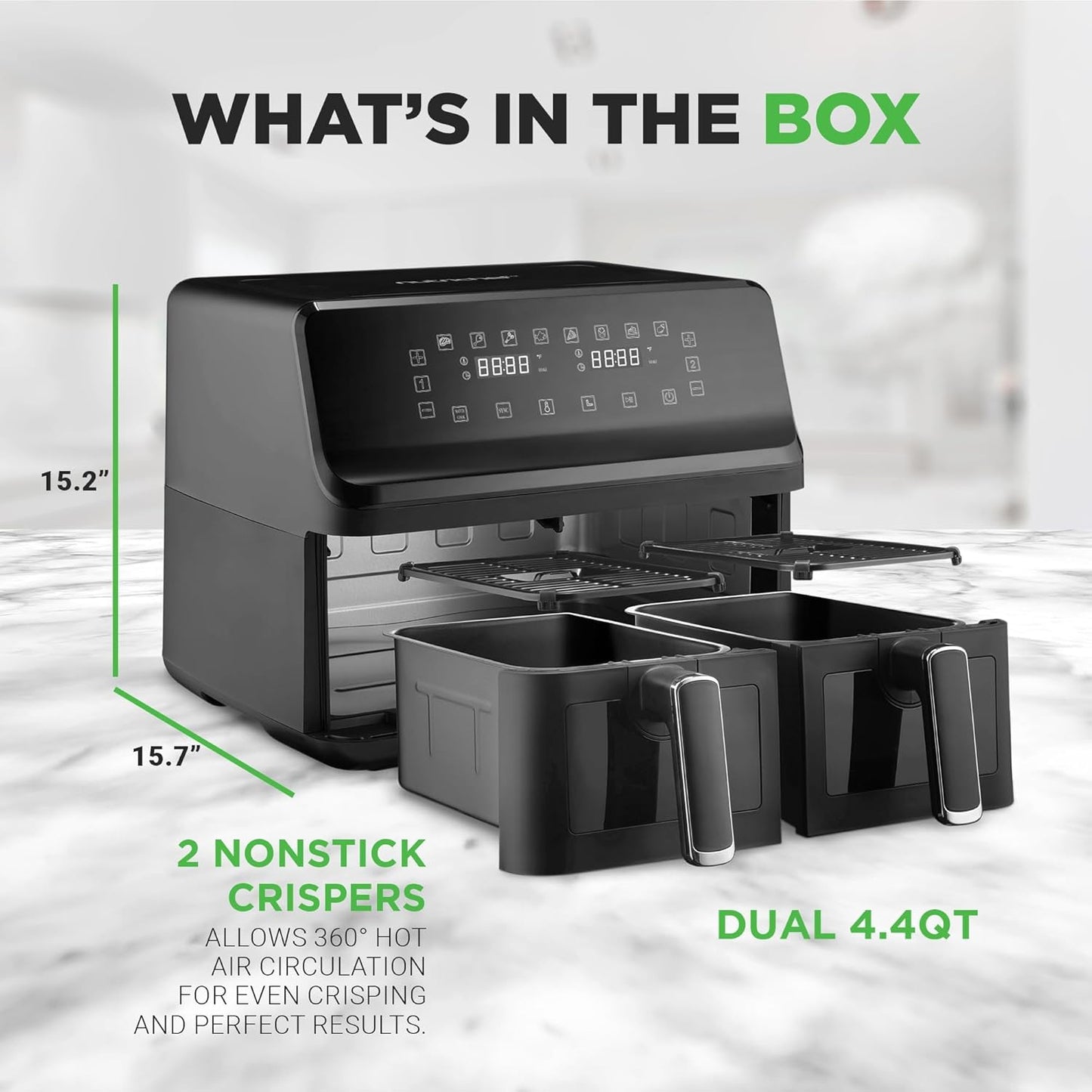 Nutrichef Double Basket Air Fryer 8.8 QT | Family Size Oil Free Airfryer with Transparent Window | 9-1 Preset Cooking Options | 360° Hot Air Circulation Technology | 4.4 QTs per Basket | Black